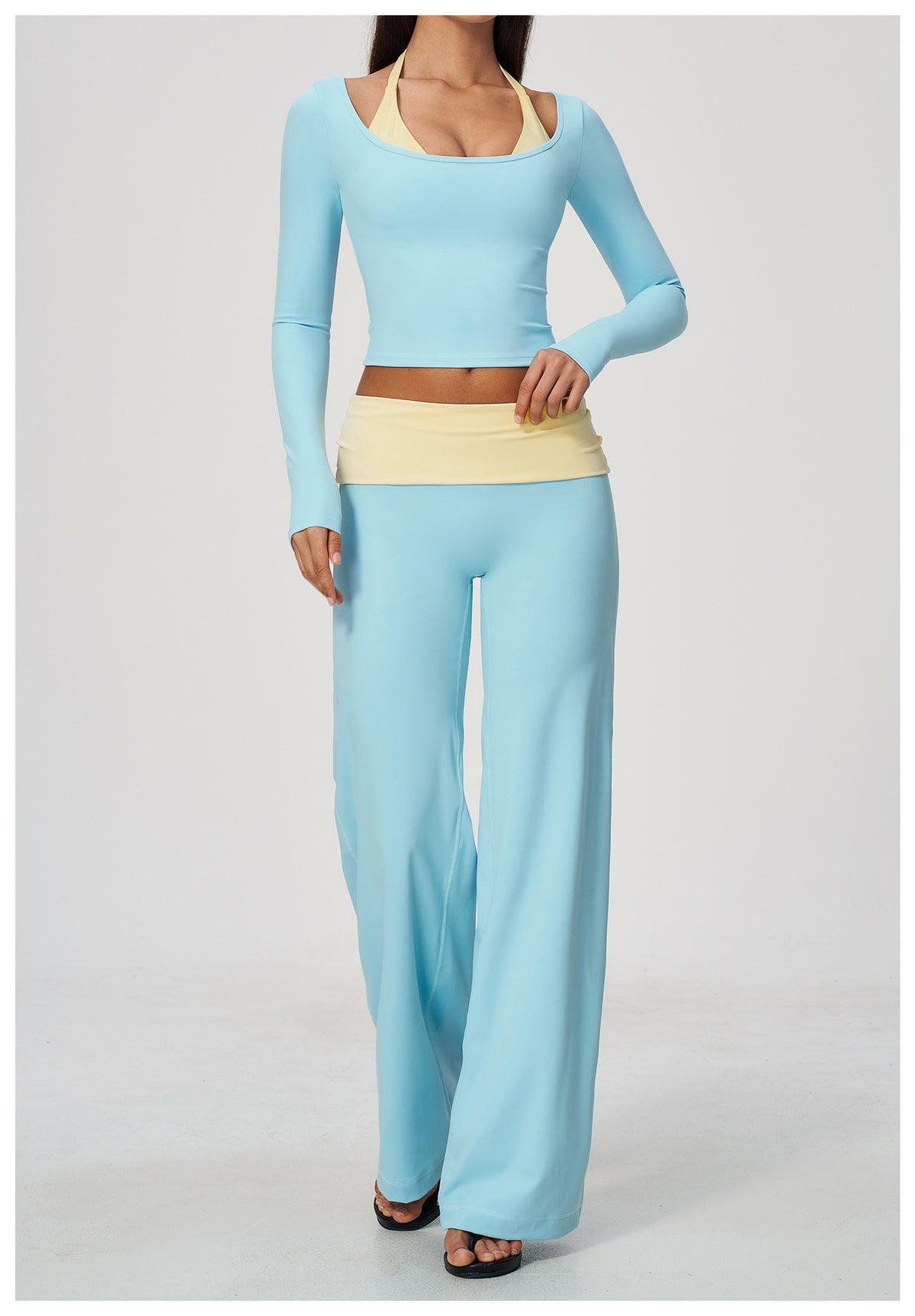 2 Piece Colorblock Double Strap Halter Long Sleeve Cropped Fitness Yoga Top and Foldover Waist High-Rise Loose Wide Leg Yoga Pants Set