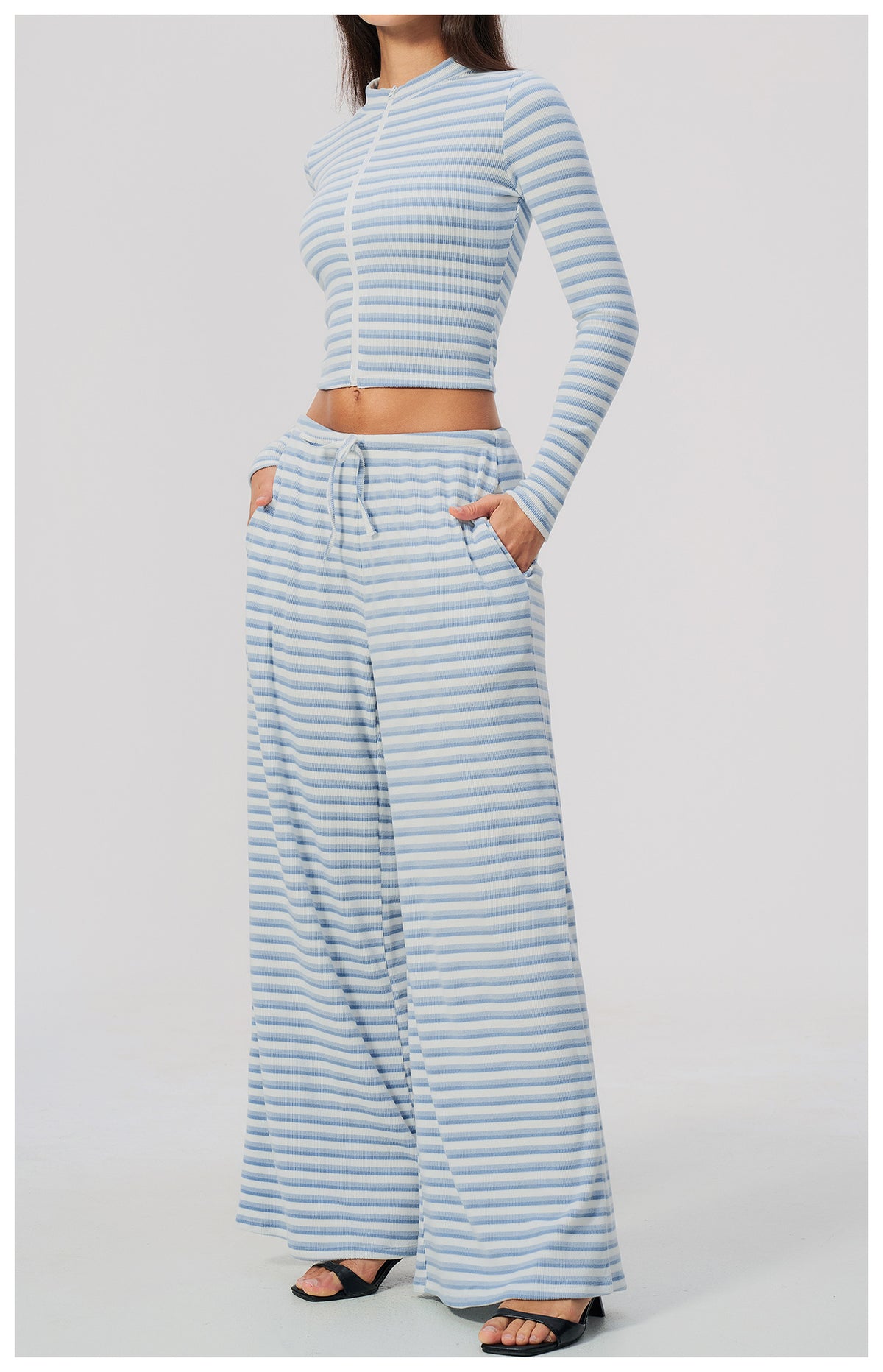 2 Piece Workout Loungewear Set Women Ribbed Striped Stand Collar Long Sleeve Cropped Zip up Jacket and Elastic Drawstring Waist Wide Leg Pants with Pocket