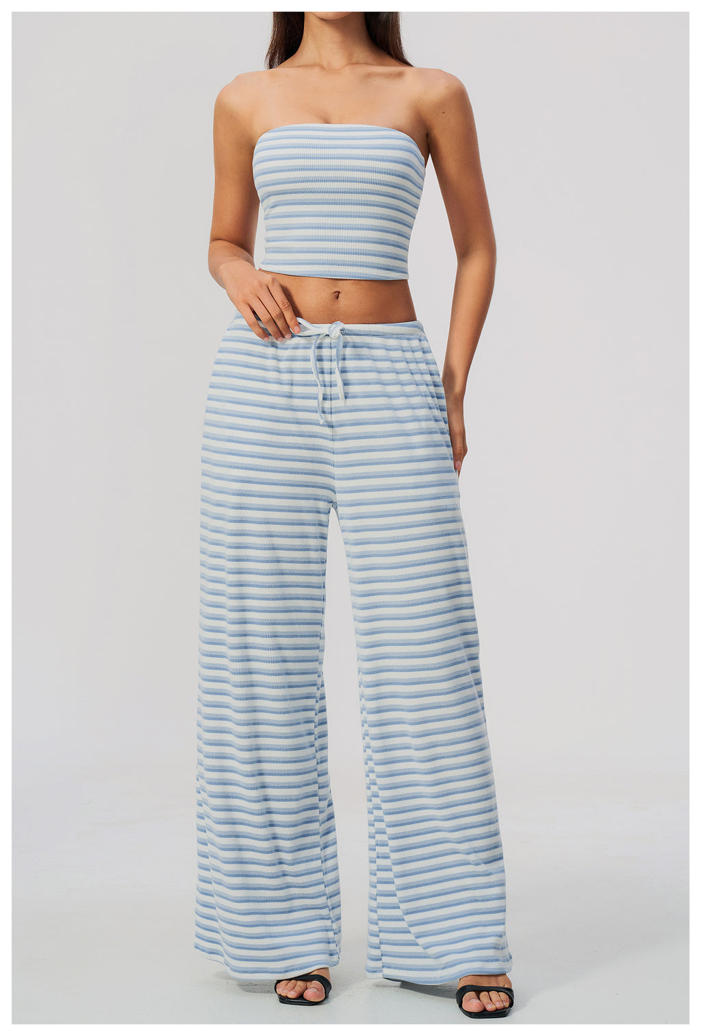 2 Piece Workout Loungewear Set Women Ribbed Striped Strapless Soft Tube Top and Elastic Drawstring Waist Wide Leg Pants with Pocket