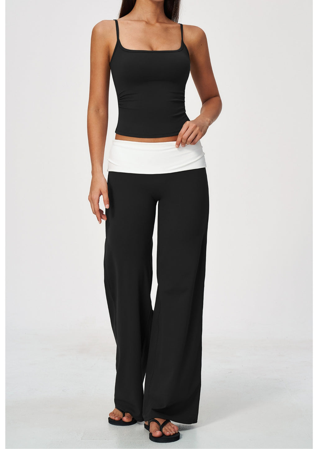 2 Piece Set Square Neck Adjustable Strap Ruched Slim Fit Workout Yoga Vest and ColorBlock High Waisted Wide Leg Yoga Athletic Pants