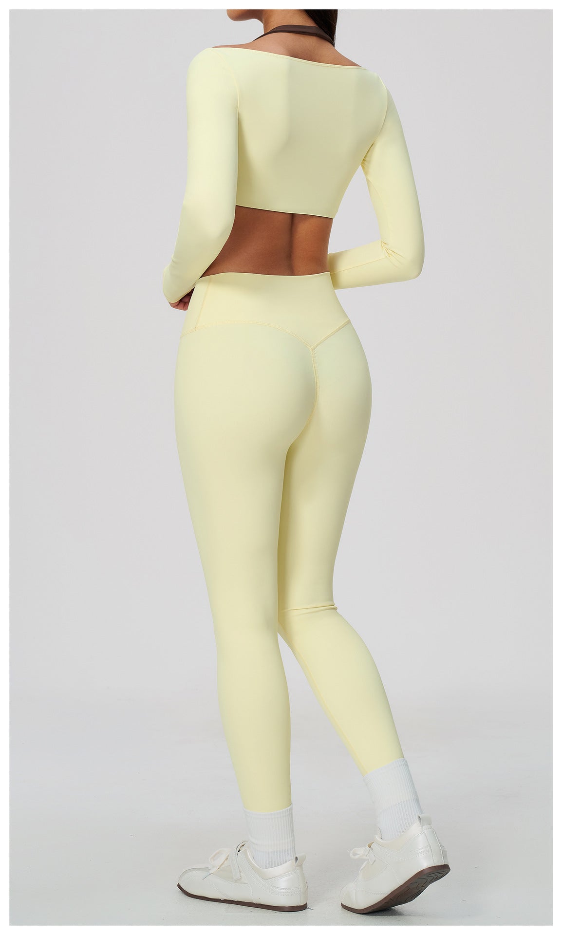 2 Piece Colorblock Halter Long Sleeve Cropped Yoga Top and Cross Waist Yoga Leggings Set