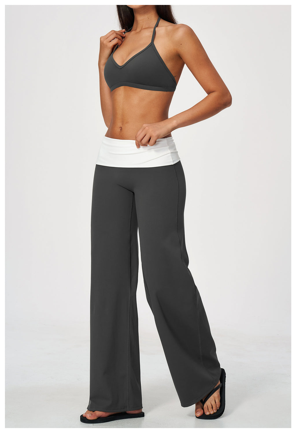 2 Piece Set Deep V-Neck Halter Thin Strap Backless Sports Bra and ColorBlock High Waisted Wide Leg Yoga Athletic Pants