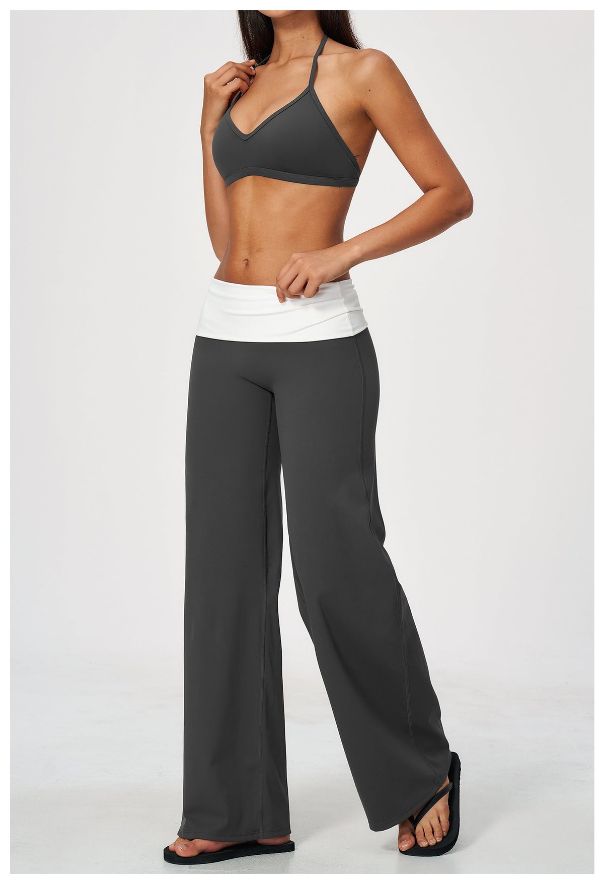 2 Piece Set Deep V-Neck Halter Thin Strap Backless Sports Bra and ColorBlock High Waisted Wide Leg Yoga Athletic Pants