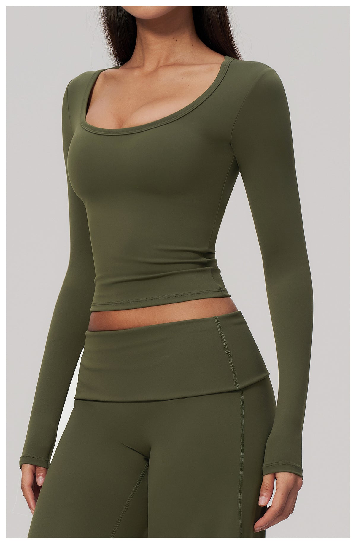 Women U Neck Long Sleeve Crop Yoga Top with Removable Padded