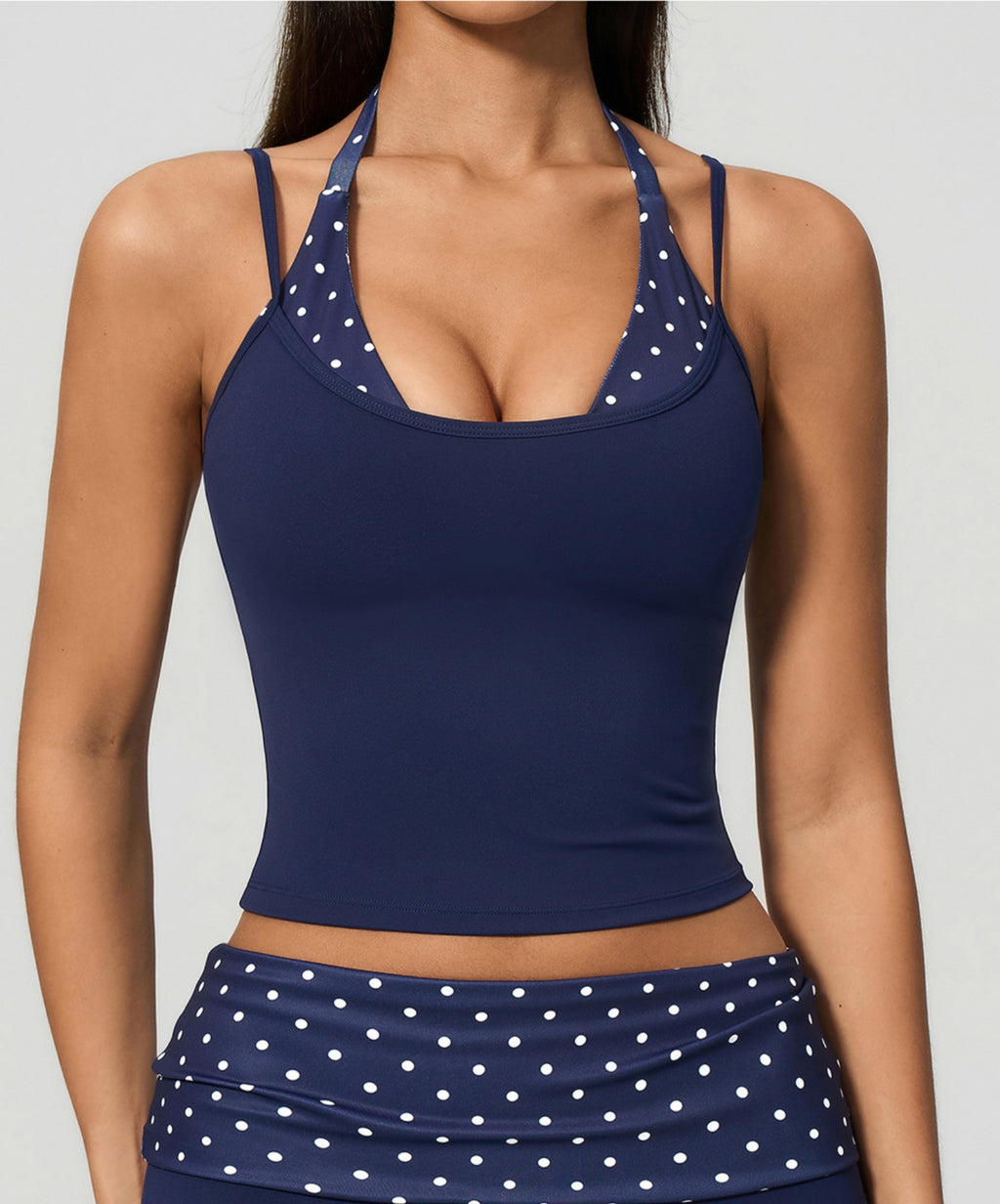 Women Halter Fake Two Piece Yoga Vest Striped Print Slim Fit Workout Tank Top