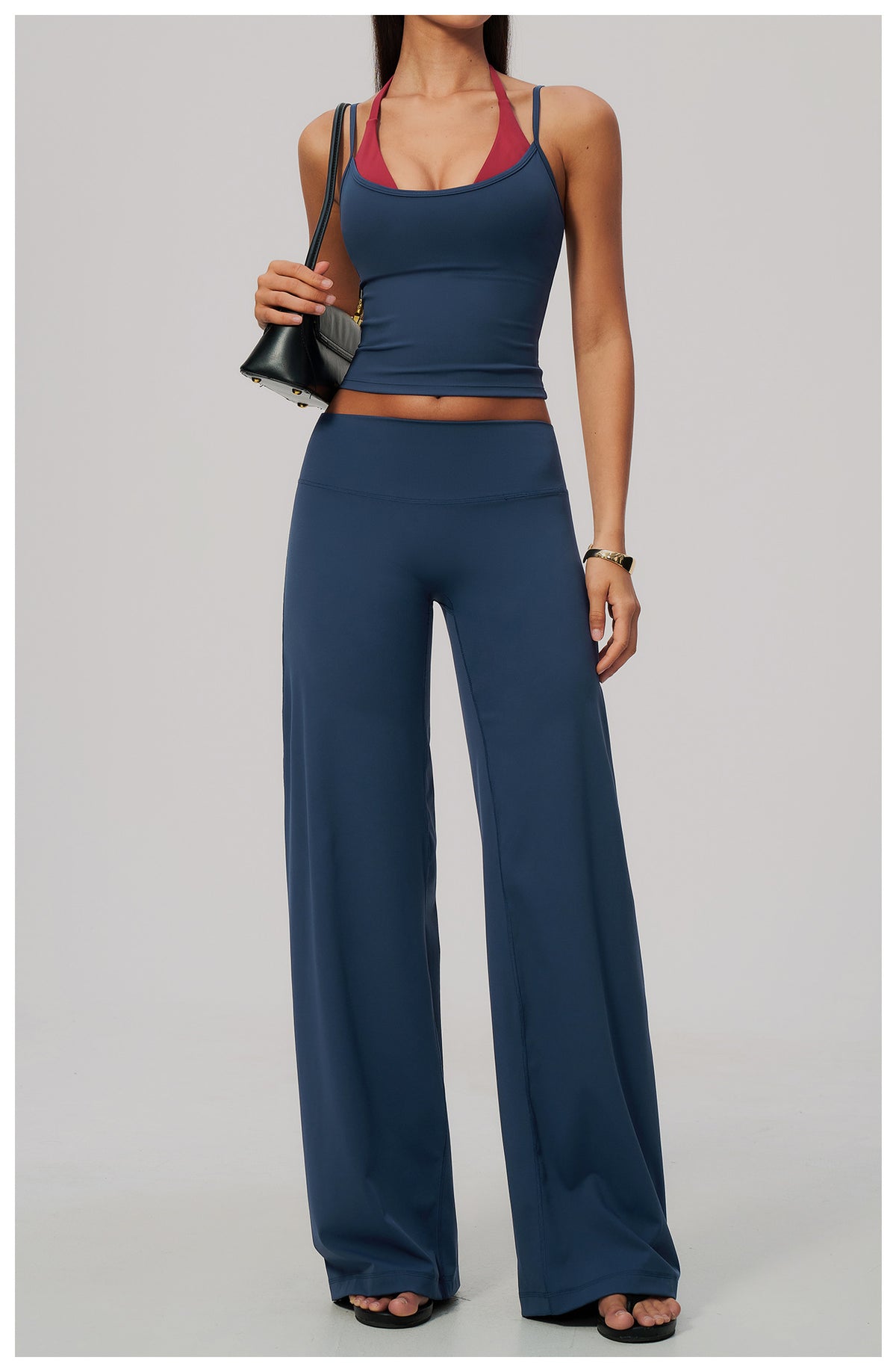 2 Piece Colorblock Double Strap Halter Yoga Vest and High Waisted Loose Fit Wide Leg Yoga Pants Set
