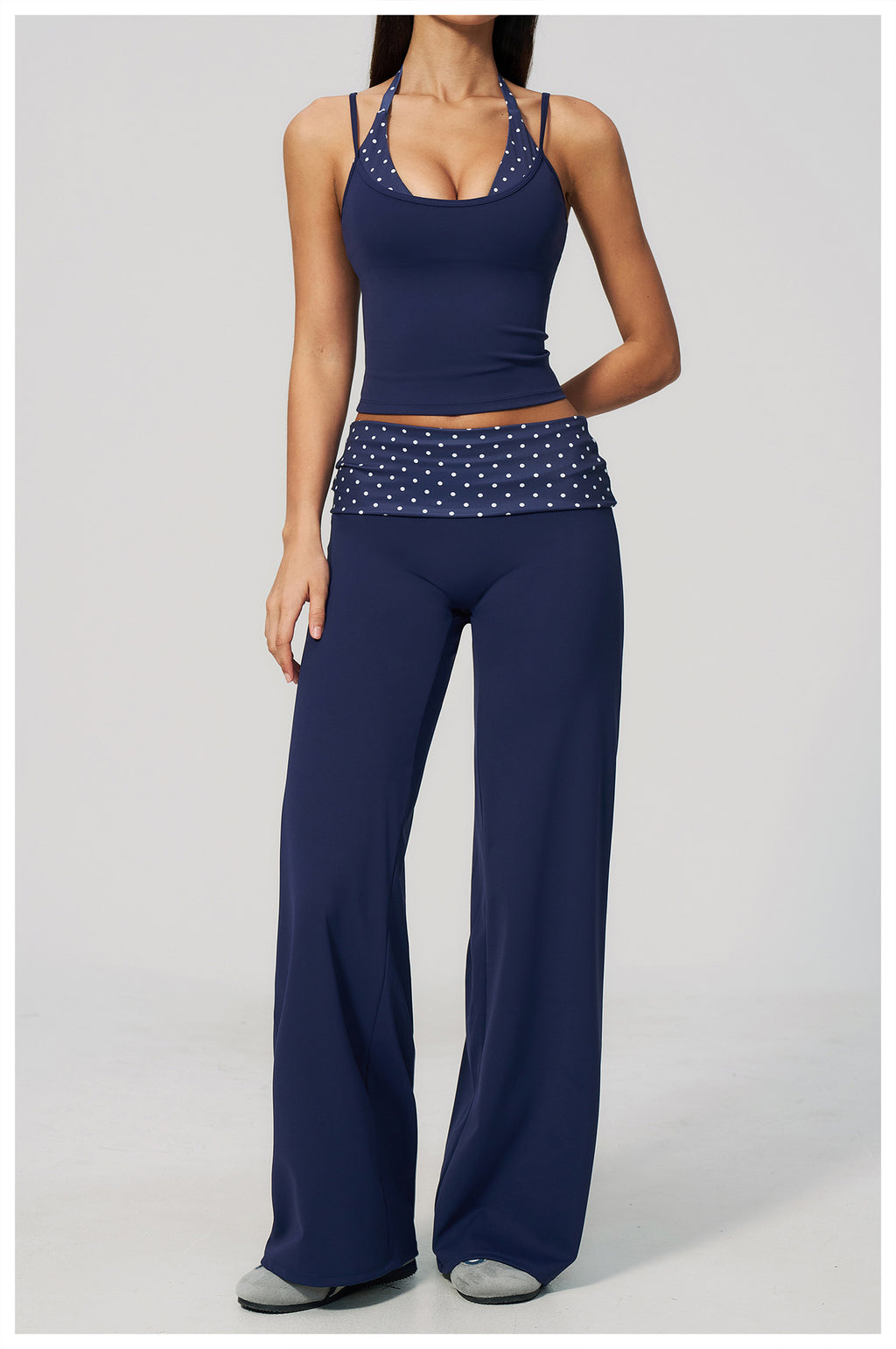 Women 2 Piece Yoga Set Halter Fake Two Piece Yoga Vest and Fold Over Striped Waist Wide Leg Workout Pants