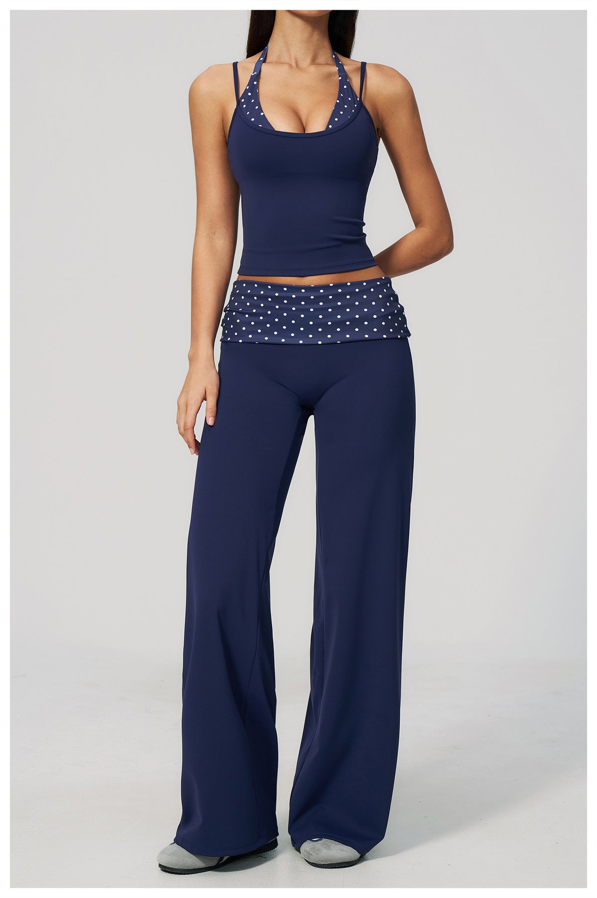 Women 2 Piece Yoga Set Halter Fake Two Piece Yoga Vest and Fold Over Striped Waist Wide Leg Workout Pants