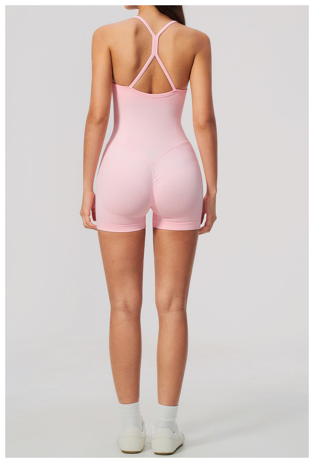 Women Seamless Yoga Romper Y-Back Spaghetti Strap Workout Bodysuit Tummy Control Butt Lifter Short Jumpsuit for Gym Fitness