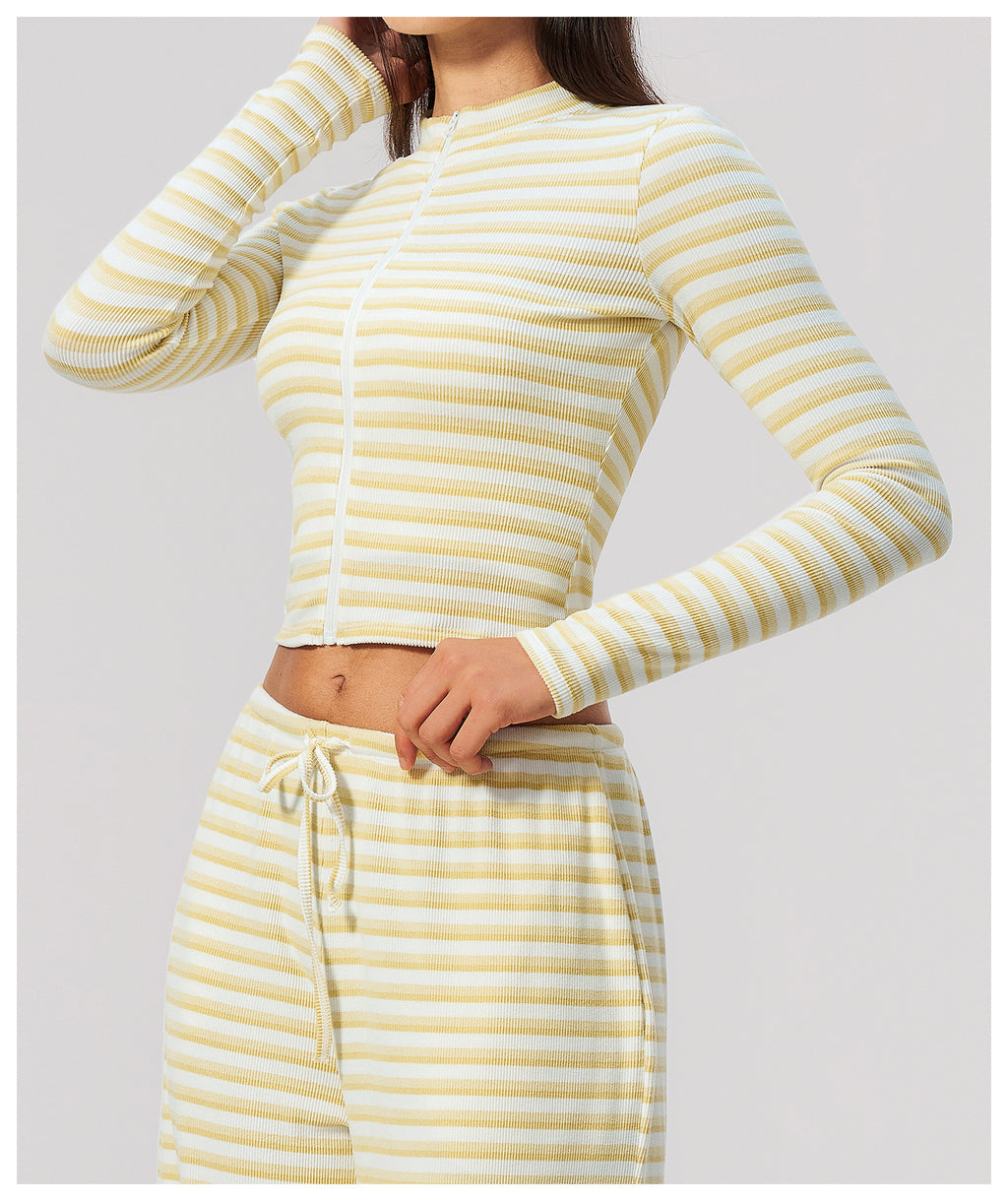 Women Ribbed Striped Stand Collar Long Sleeve Cropped Yoga Sports Zip up Jacket