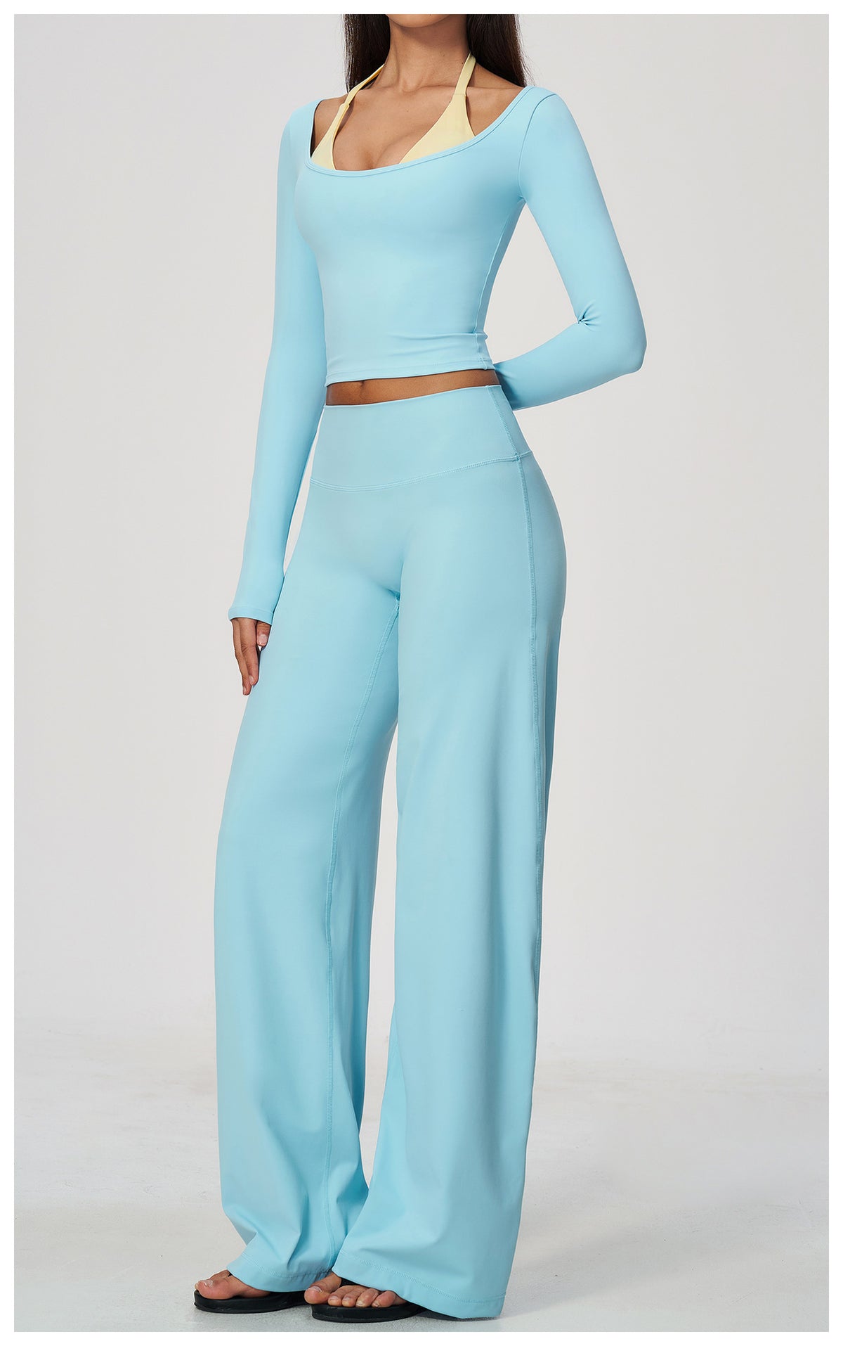2 Piece Colorblock Double Strap Halter Long Sleeve Cropped Fitness Yoga Top and High Waisted Loose Fit Wide Leg Yoga Pants Set
