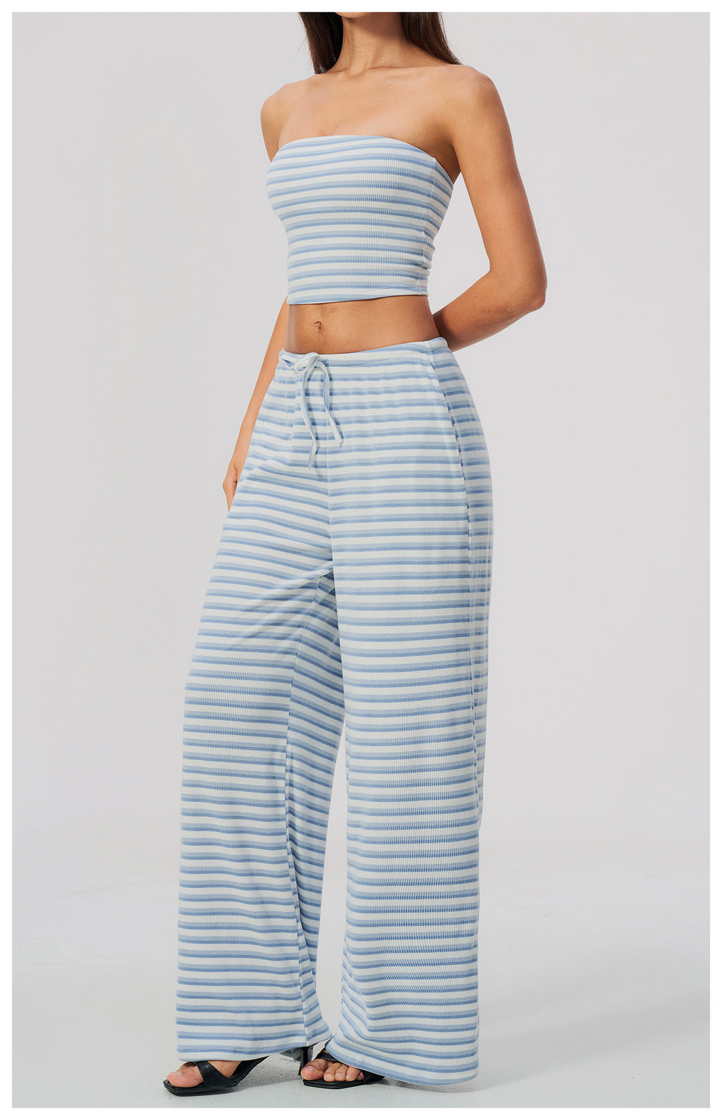 2 Piece Workout Loungewear Set Women Ribbed Striped Strapless Soft Tube Top and Elastic Drawstring Waist Wide Leg Pants with Pocket