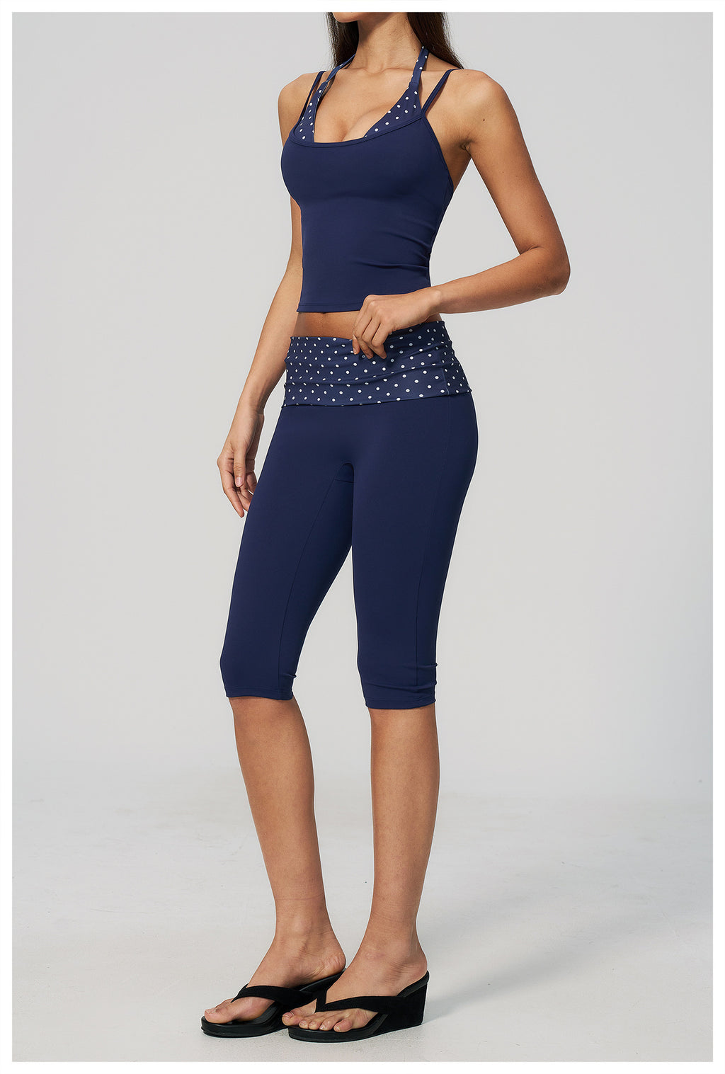 Women 2 Piece Yoga Set Halter Fake Two Piece Yoga Vest and Fold Over Striped Waist Capri Yoga Leggings