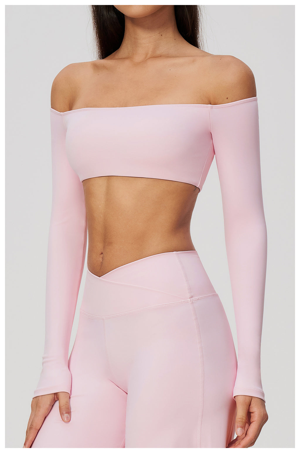 Women Off Shoulder Cropped Long Sleeve Sports Top with Chest Pads