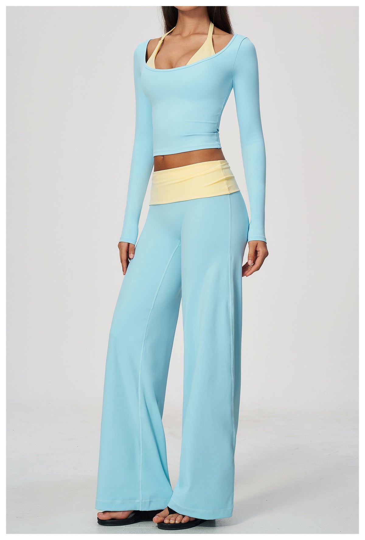 2 Piece Colorblock Double Strap Halter Long Sleeve Cropped Fitness Yoga Top and Foldover Waist High-Rise Loose Wide Leg Yoga Pants Set