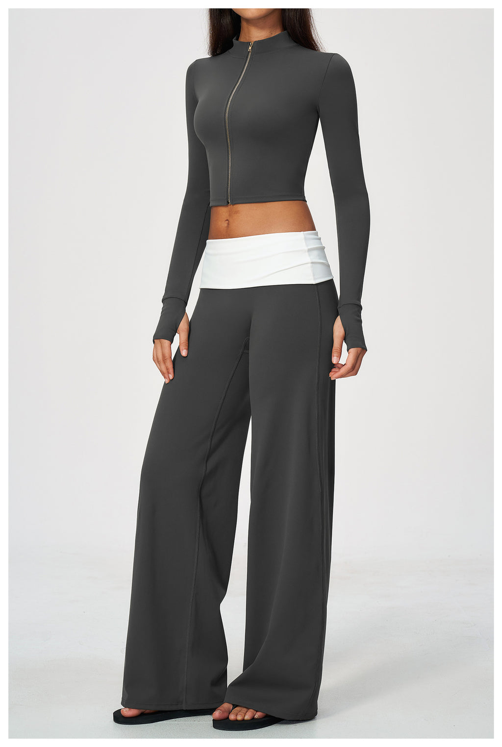 2 Piece Set Stand Collar Full Zip Cropped Running Yoga Workout Jacket and ColorBlock High Waisted Wide Leg Yoga Athletic Pants