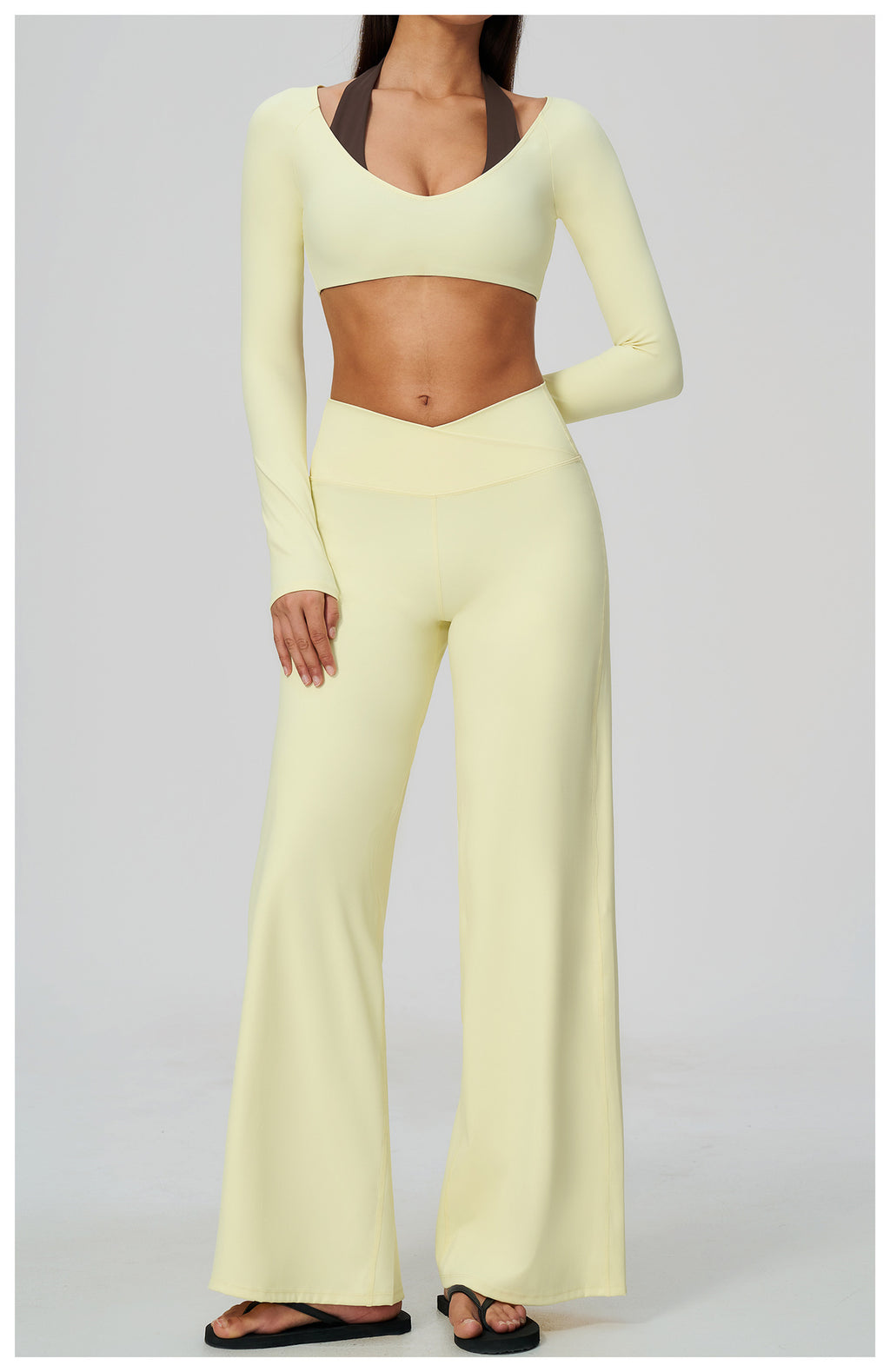 2 Piece Colorblock Halter Long Sleeve Cropped Yoga Top and Cross Waist Wide Leg Yoga Pants Set