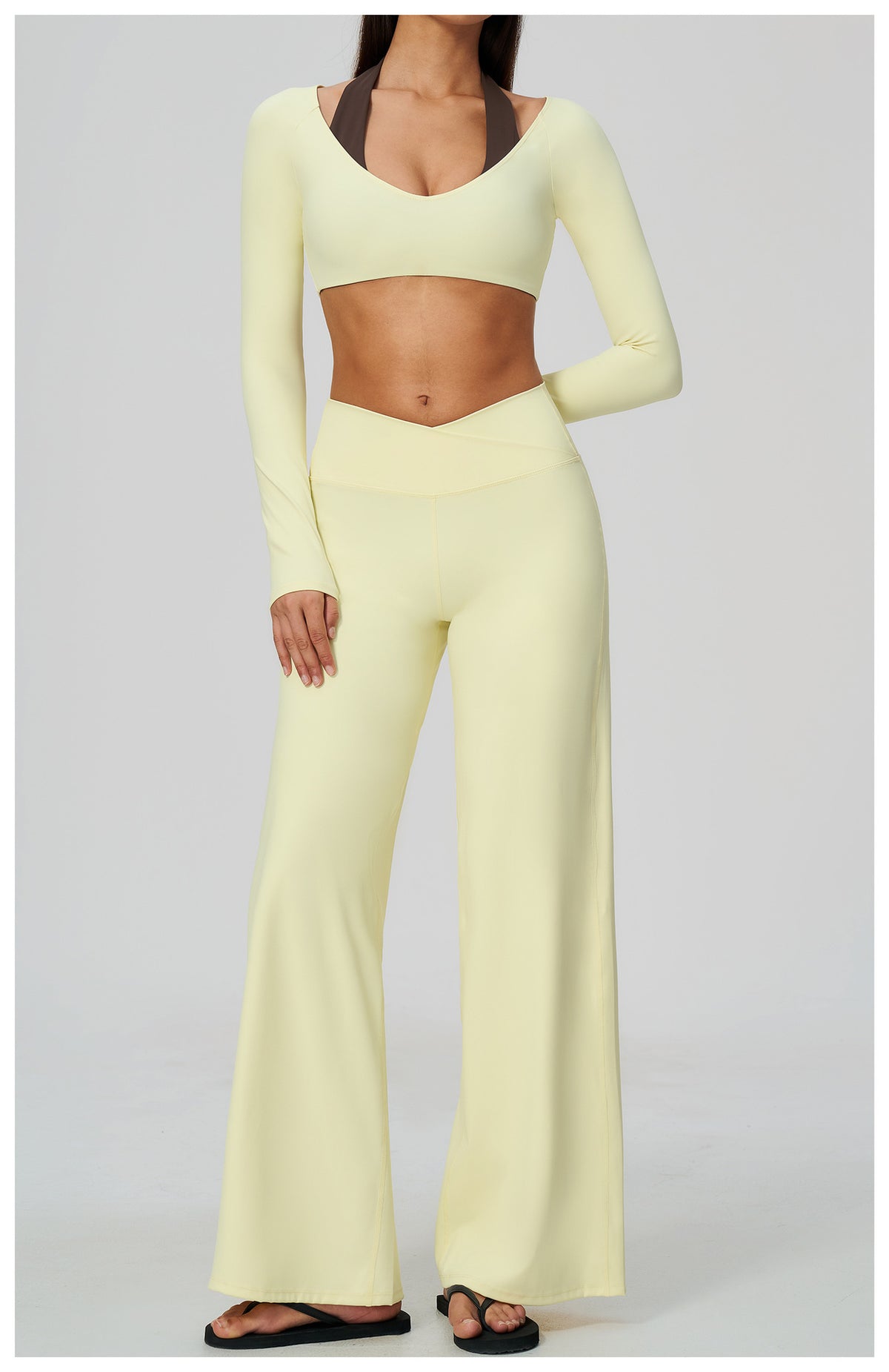 2 Piece Colorblock Halter Long Sleeve Cropped Yoga Top and Cross Waist Wide Leg Yoga Pants Set