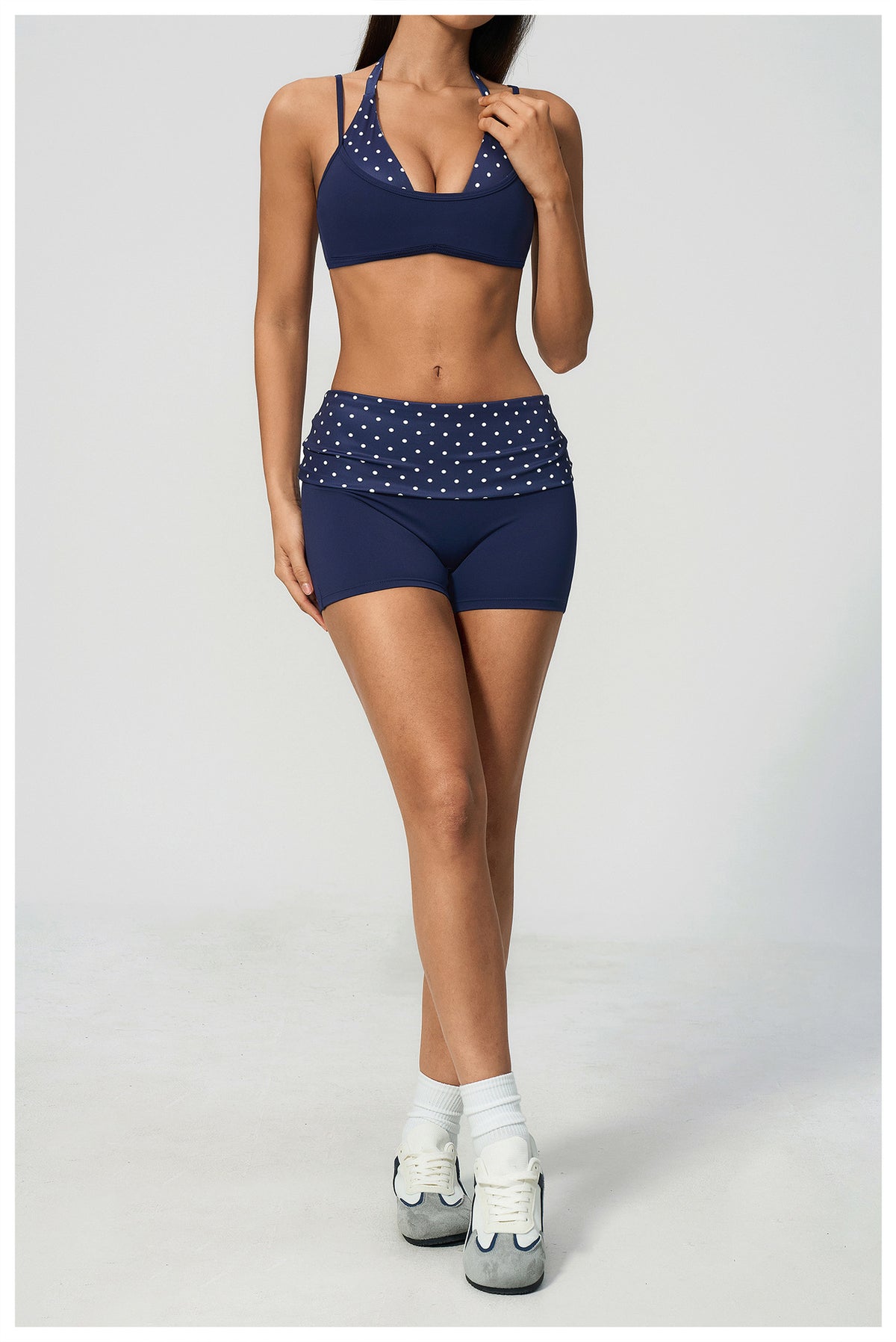 Women 2 Piece Yoga Set Halter Fake Two Piece Sports Bra and Fold Over Striped Waist Biker Shorts