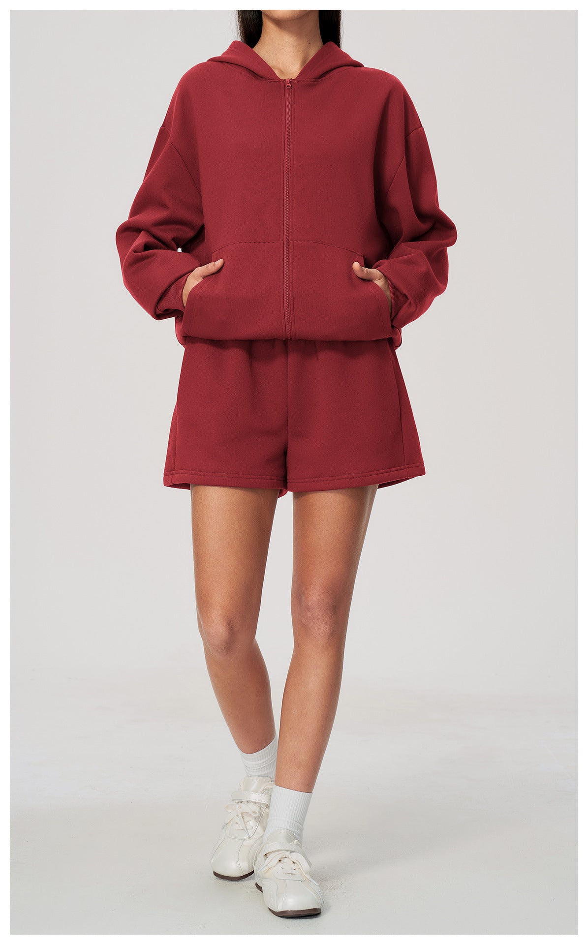 Women 2 Piece Fall Winter Tracksuits Fleece Lined Full Zip Oversized Hooded Jacket and Drawstring Waist Loose Sweat Shorts with Pocket
