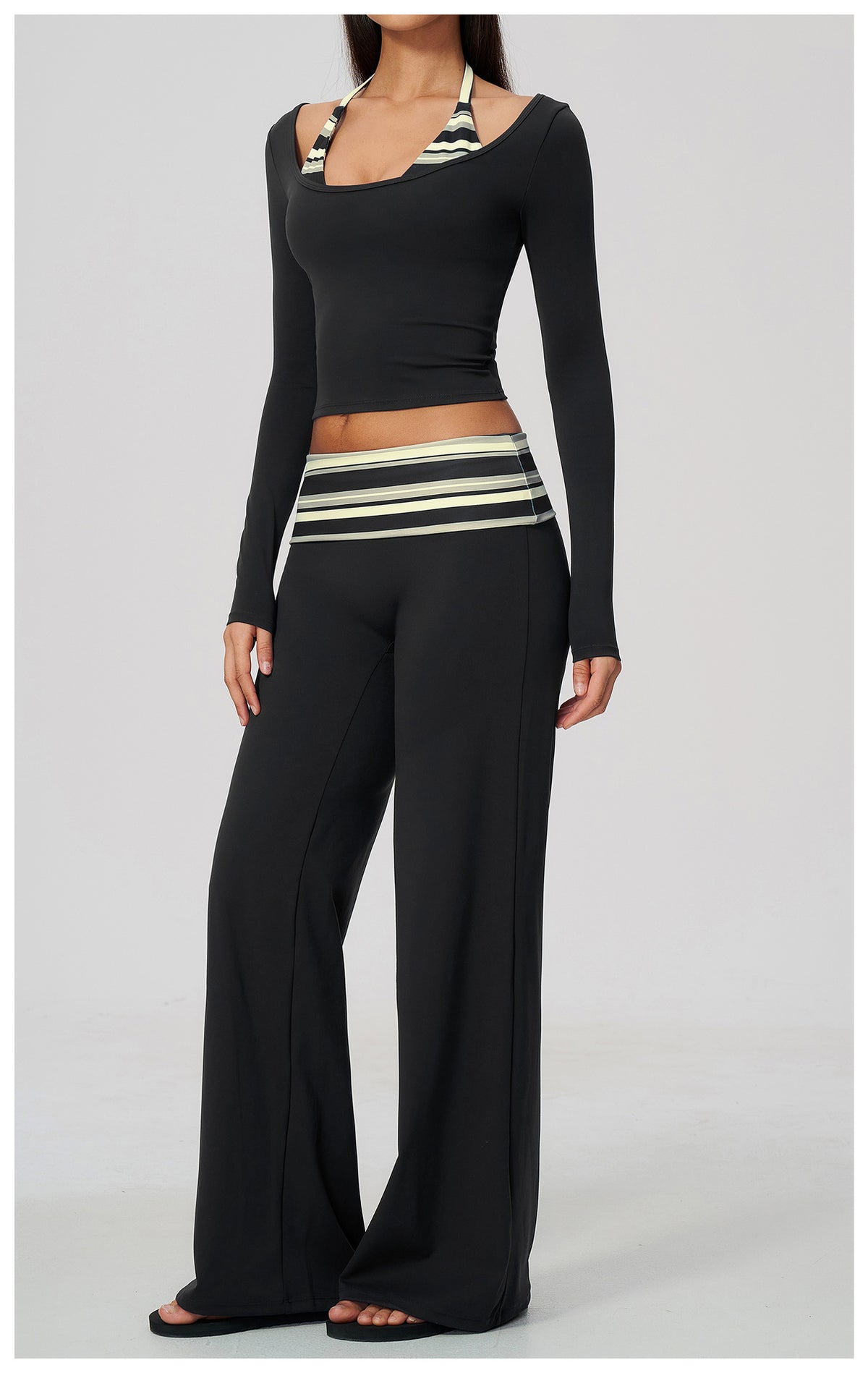 Women 2 Piece Yoga Set Halter Fake Two Piece Long Sleeve Yoga Top and Fold Over Striped Waist Wide Leg Workout Pants