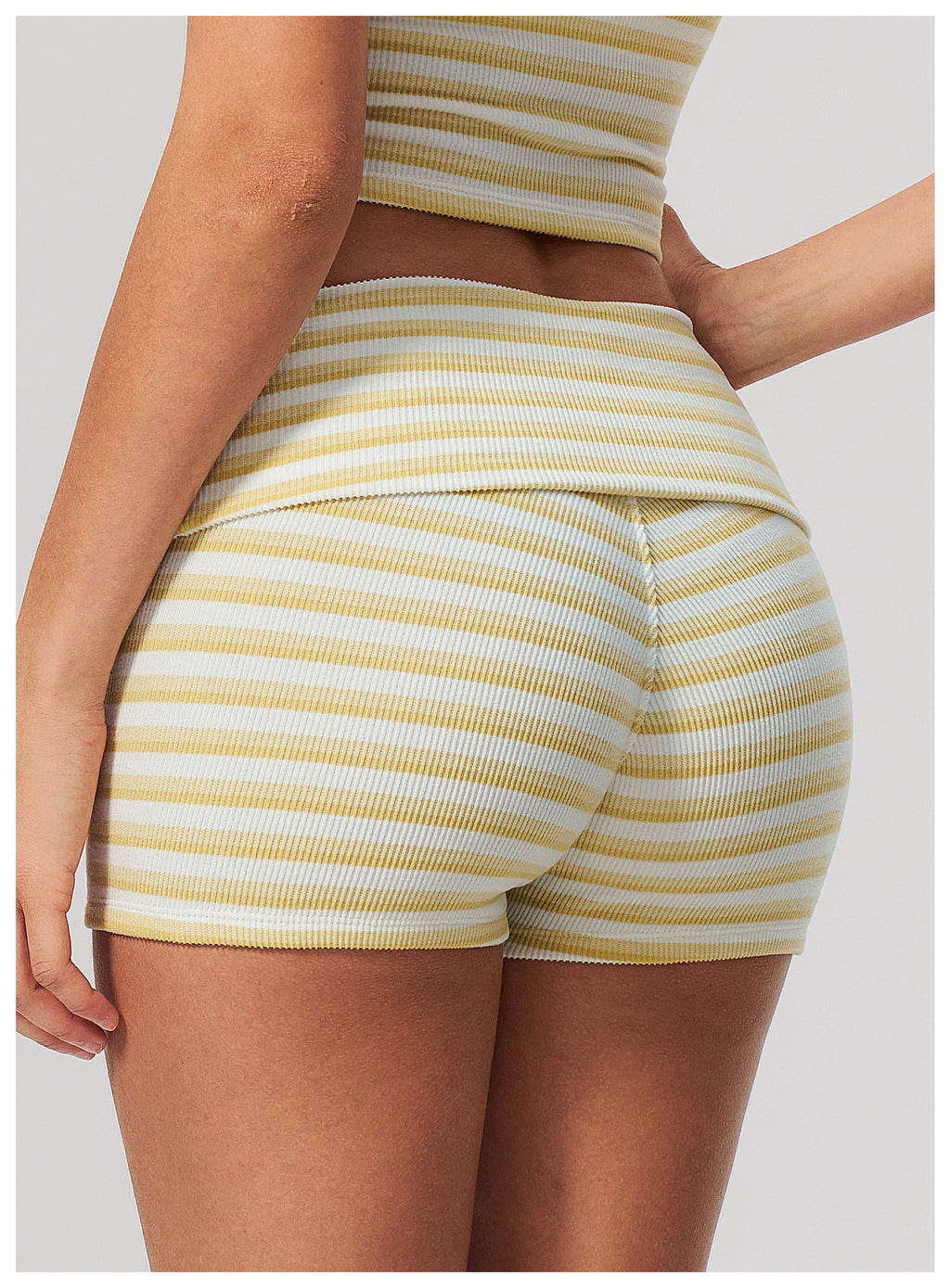 Women Ribbed Striped Fold Over High Waist Yoga Biker Shorts