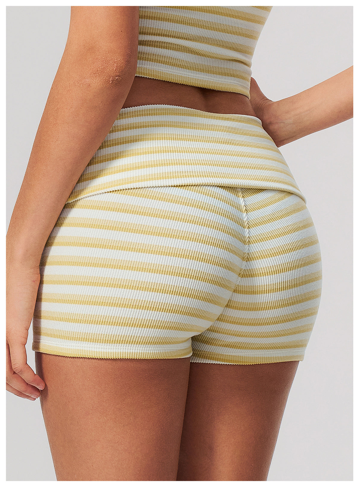 Women Ribbed Striped Fold Over High Waist Yoga Biker Shorts