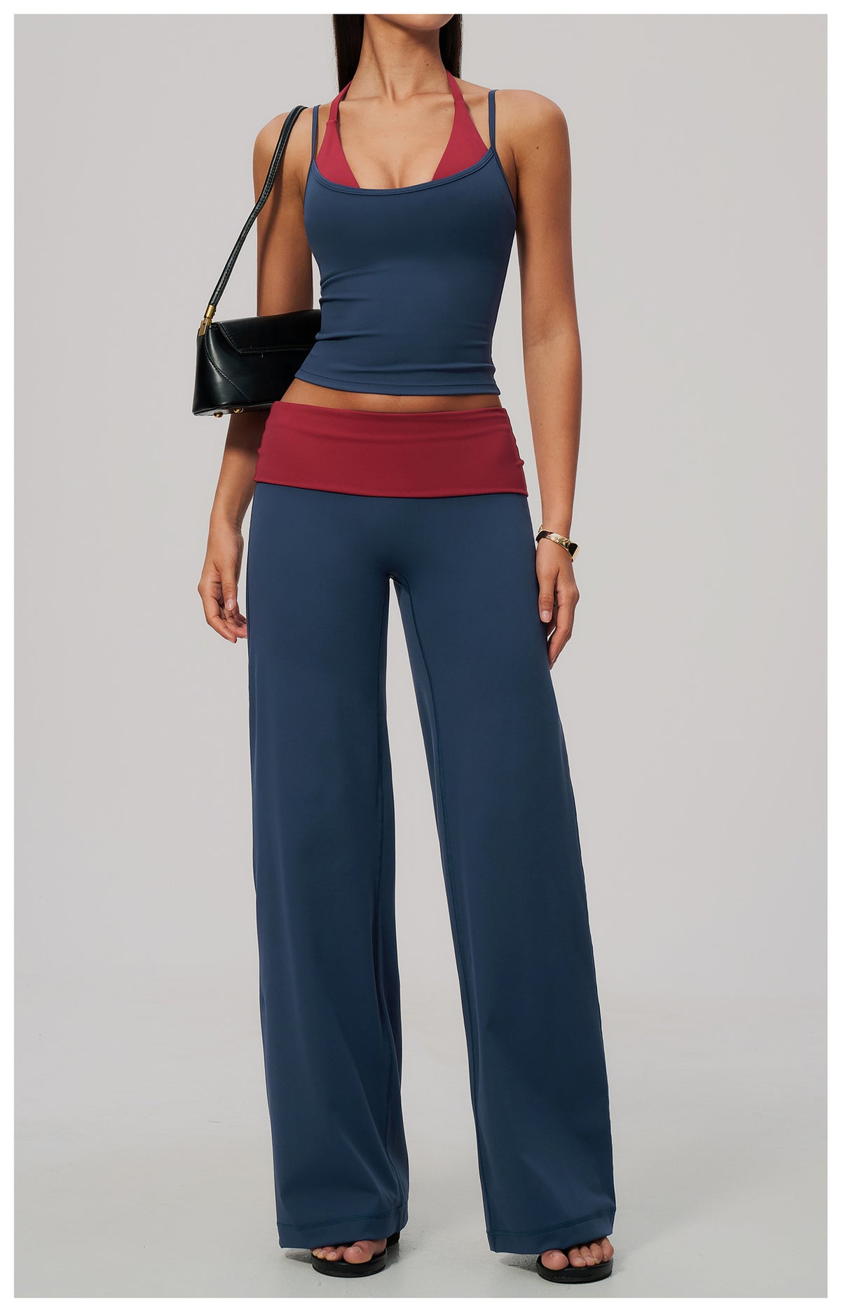 2 Piece Colorblock Double Strap Halter Yoga Vest and Foldover Waist High-Rise Loose Wide Leg Yoga Pants Set