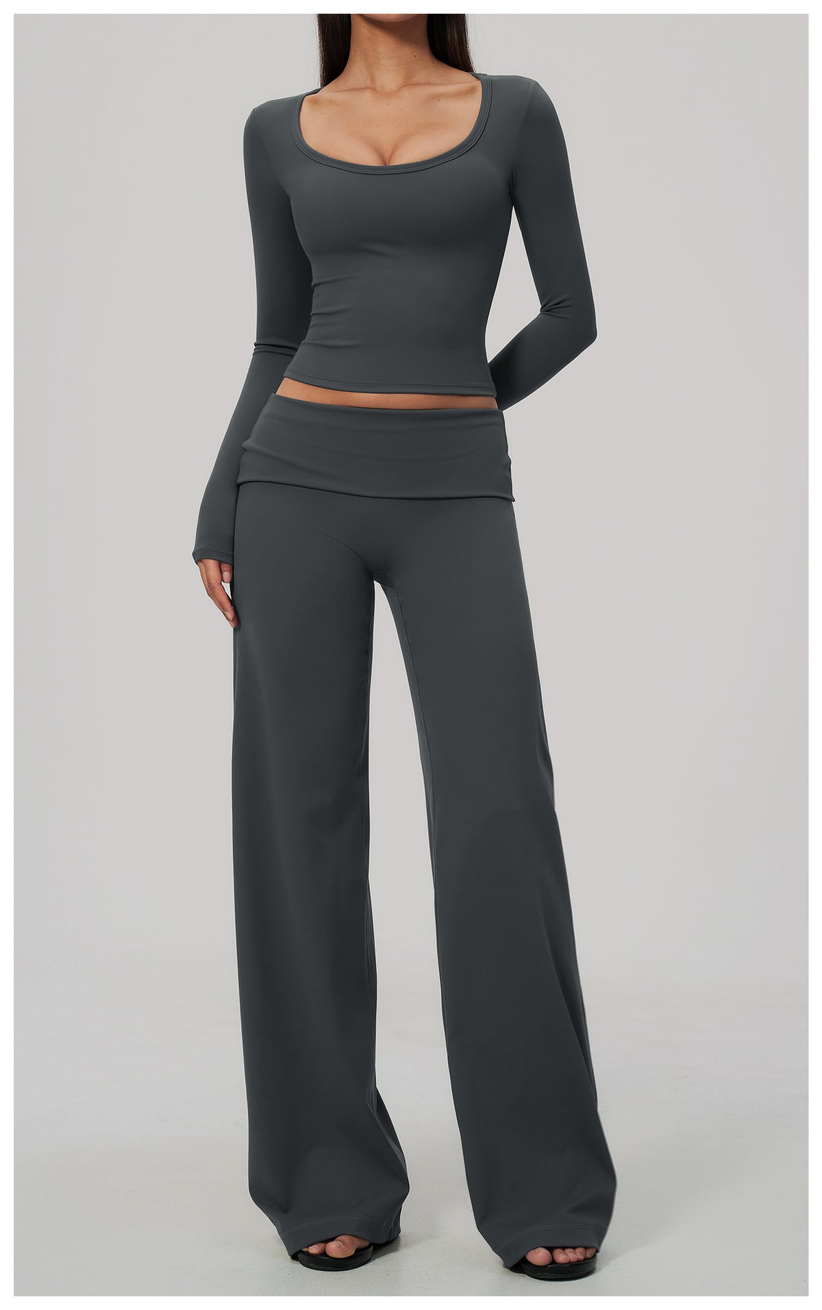 2 Piece Activewear Set U Neck Long Sleeve Crop Yoga Top with Removable Padded and High Waist Wide Leg Yoga Pants