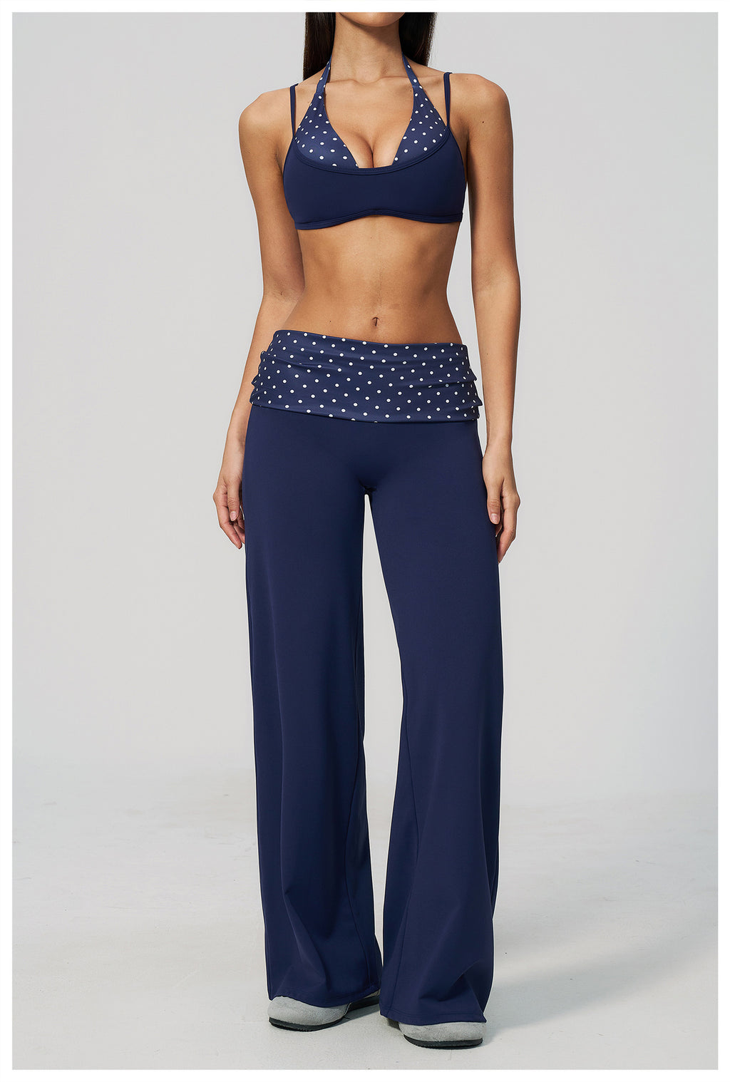 Women 2 Piece Yoga Set Halter Fake Two Piece Sports Bra and Fold Over Striped Waist Wide Leg Workout Pants