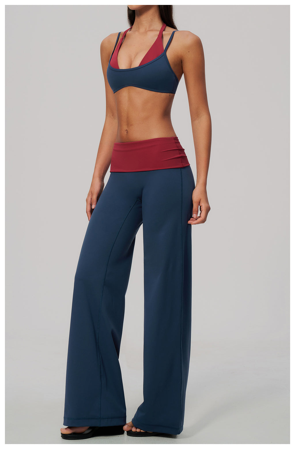 2 Piece Colorblock Double Strap Halter Sports Bra and Foldover Waist High-Rise Loose Wide Leg Yoga Pants Set