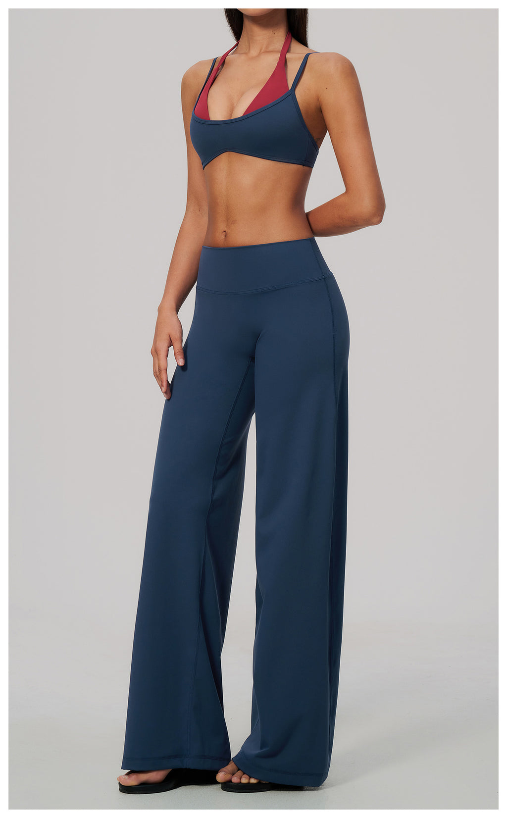2 Piece Colorblock Double Strap Halter Sports Bra and High Waisted Loose Fit Wide Leg Yoga Pants Set