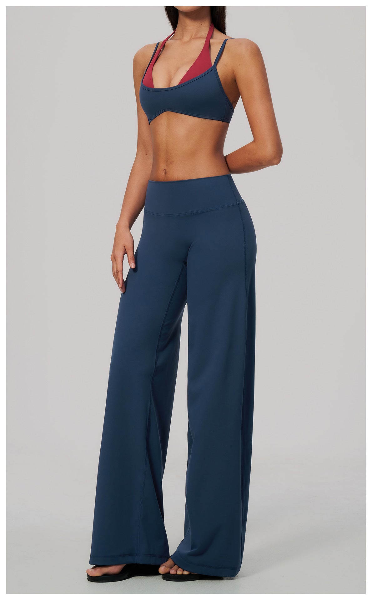 2 Piece Colorblock Double Strap Halter Sports Bra and High Waisted Loose Fit Wide Leg Yoga Pants Set