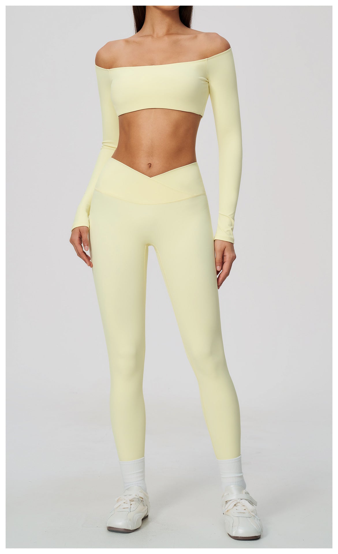 2 Piece Off-The-Shoulder Long Sleeve Crop Top and Cross Waist Yoga Leggings Set