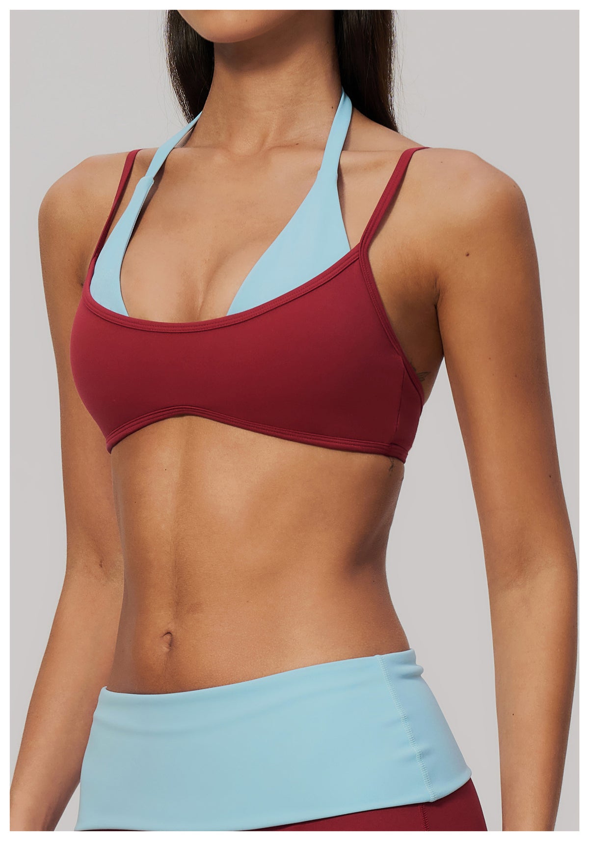 Women Colorblock Double Strap Halter Sports Bra