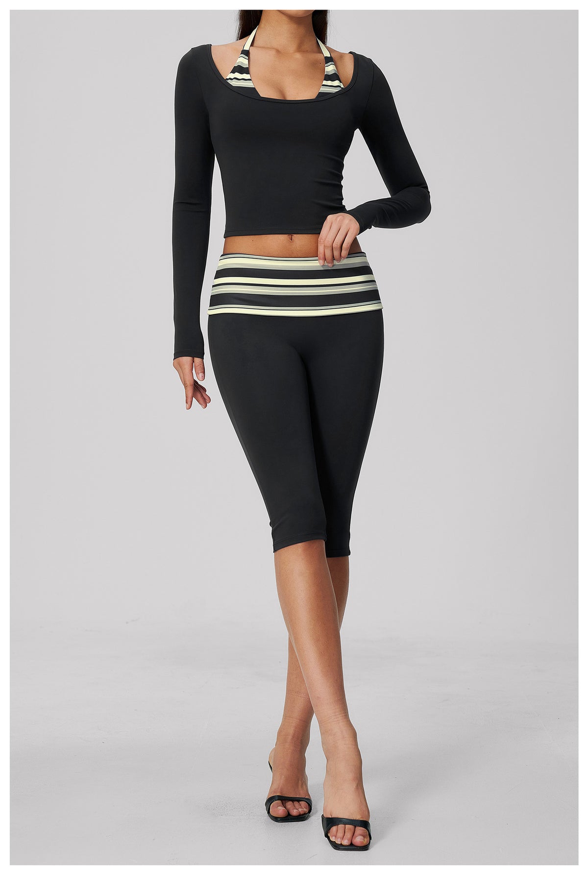 Women 2 Piece Yoga Set Halter Fake Two Piece Long Sleeve Yoga Top and Fold Over Striped Waist Capri Yoga Leggings