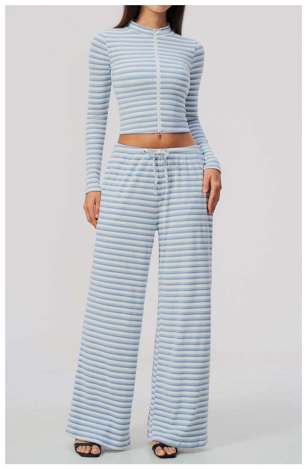 2 Piece Workout Loungewear Set Women Ribbed Striped Stand Collar Long Sleeve Cropped Zip up Jacket and Elastic Drawstring Waist Wide Leg Pants with Pocket