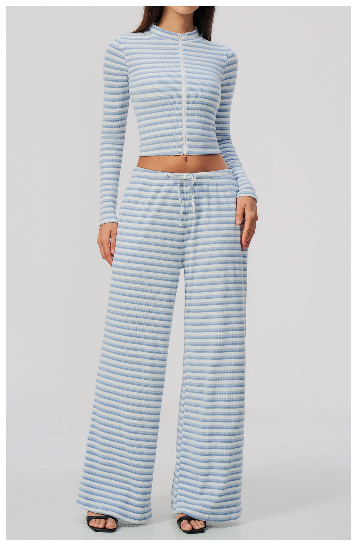 2 Piece Workout Loungewear Set Women Ribbed Striped Stand Collar Long Sleeve Cropped Zip up Jacket and Elastic Drawstring Waist Wide Leg Pants with Pocket