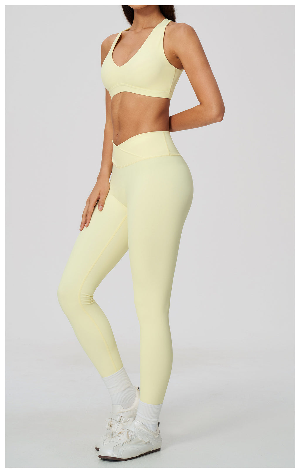 2 Piece Deep V-Neck Sports Bra and Cross Waist Yoga Leggings Set