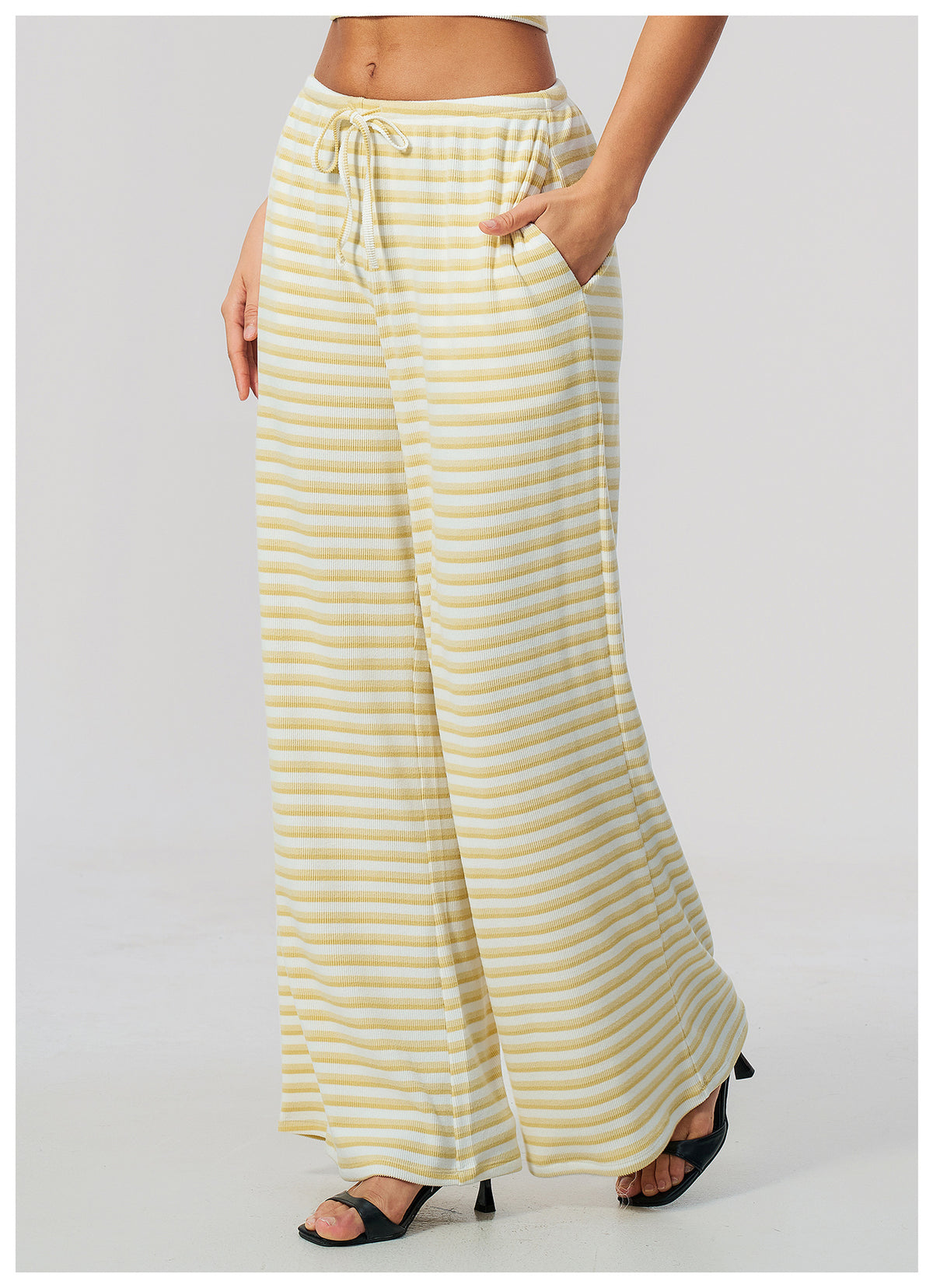 Women Ribbed Striped Wide Leg Pants Elastic Drawstring Waist Casual Loose Trousers With Pockets
