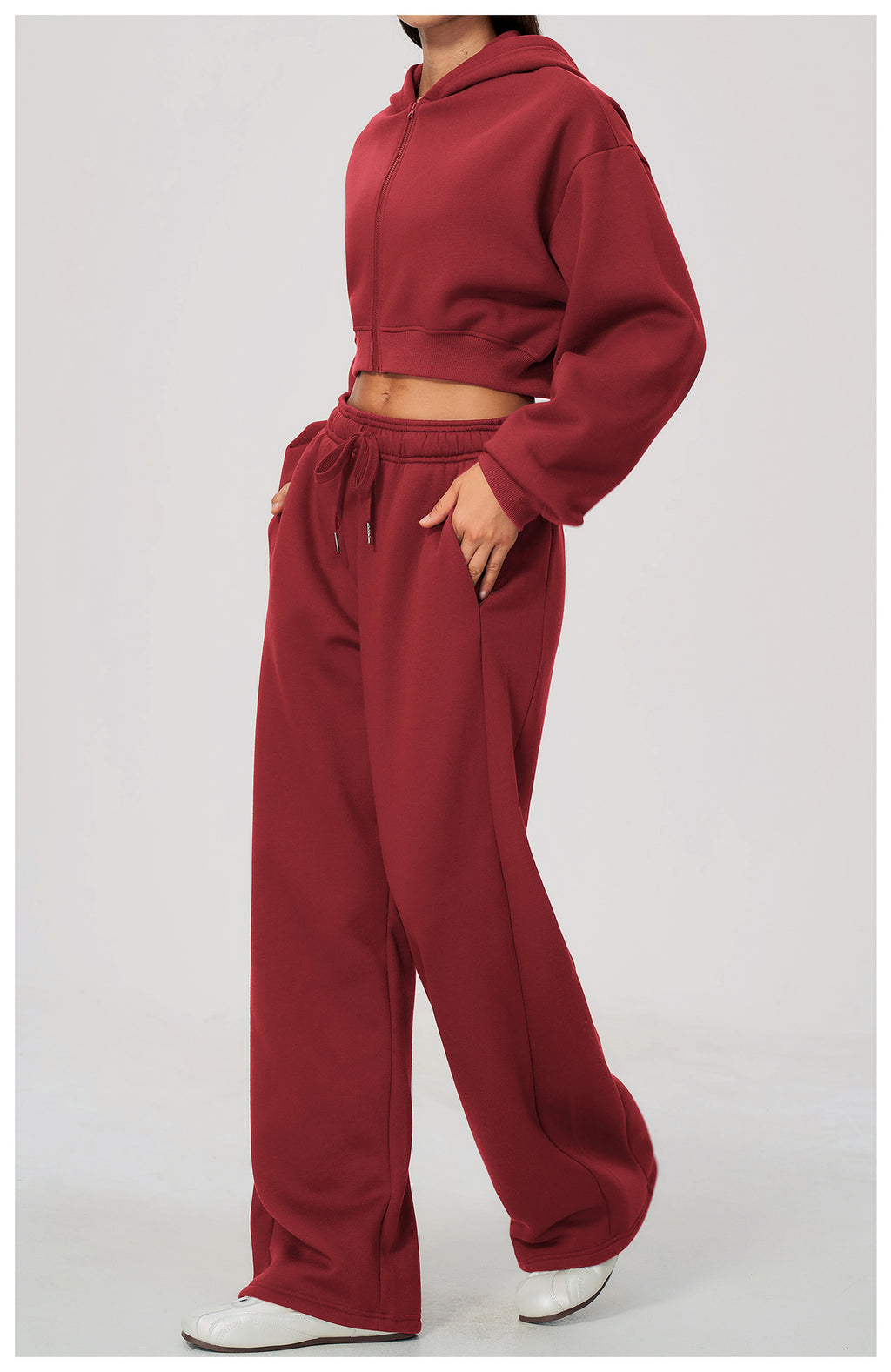 Women 2 Piece Fall Winter Tracksuits Fleece Lined Cropped Zip Up Hoodie and Drawstring Waist Wide Leg Sweatpants with Side Pockets