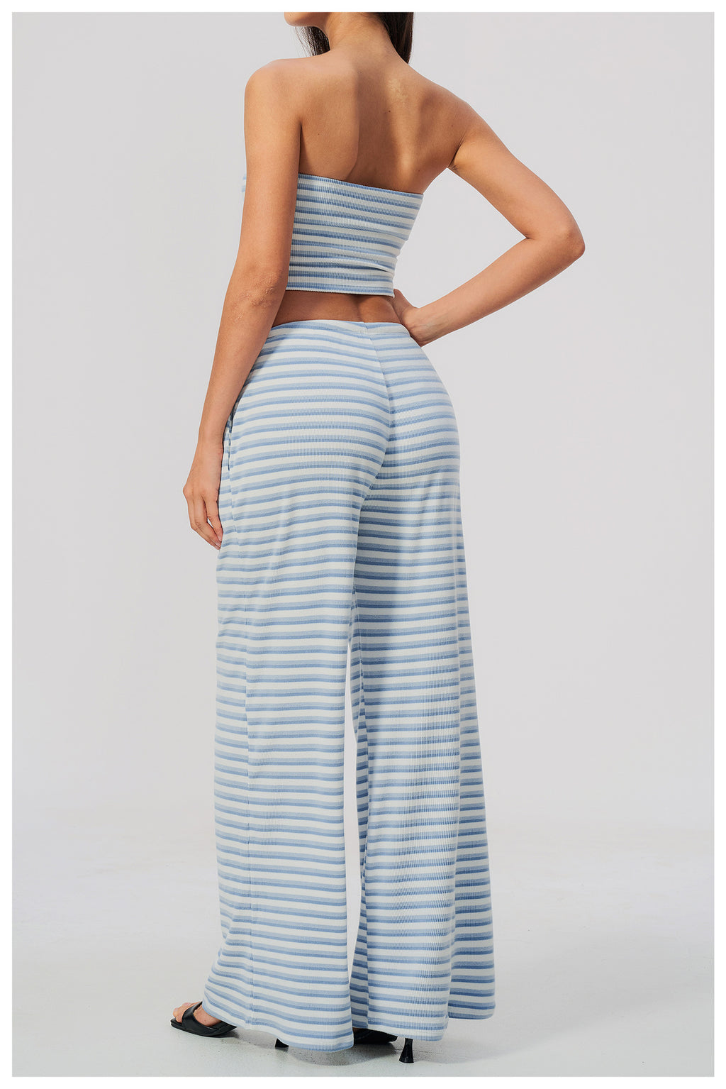 2 Piece Workout Loungewear Set Women Ribbed Striped Strapless Soft Tube Top and Elastic Drawstring Waist Wide Leg Pants with Pocket