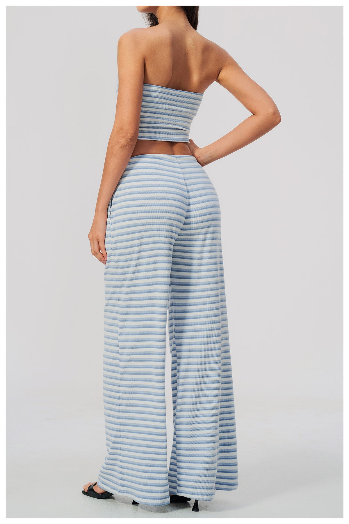 2 Piece Workout Loungewear Set Women Ribbed Striped Strapless Soft Tube Top and Elastic Drawstring Waist Wide Leg Pants with Pocket