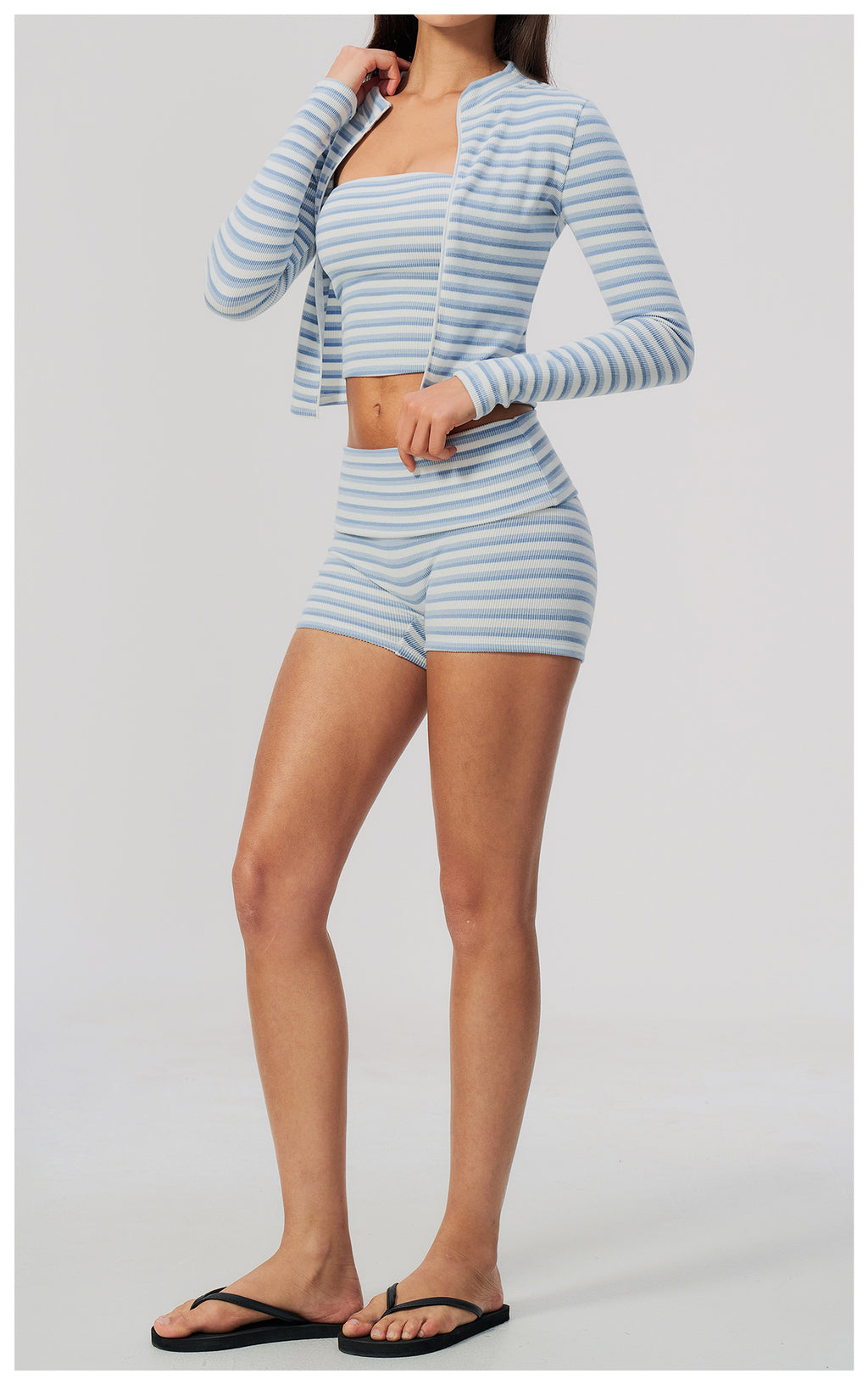 3 Piece Striped Yoga Set Long Sleeve Zip up Jacket Strapless Soft Tube Top Fold Over High Waist Yoga Biker Shorts Workout Outfit Gym Running Sports Activewear Set