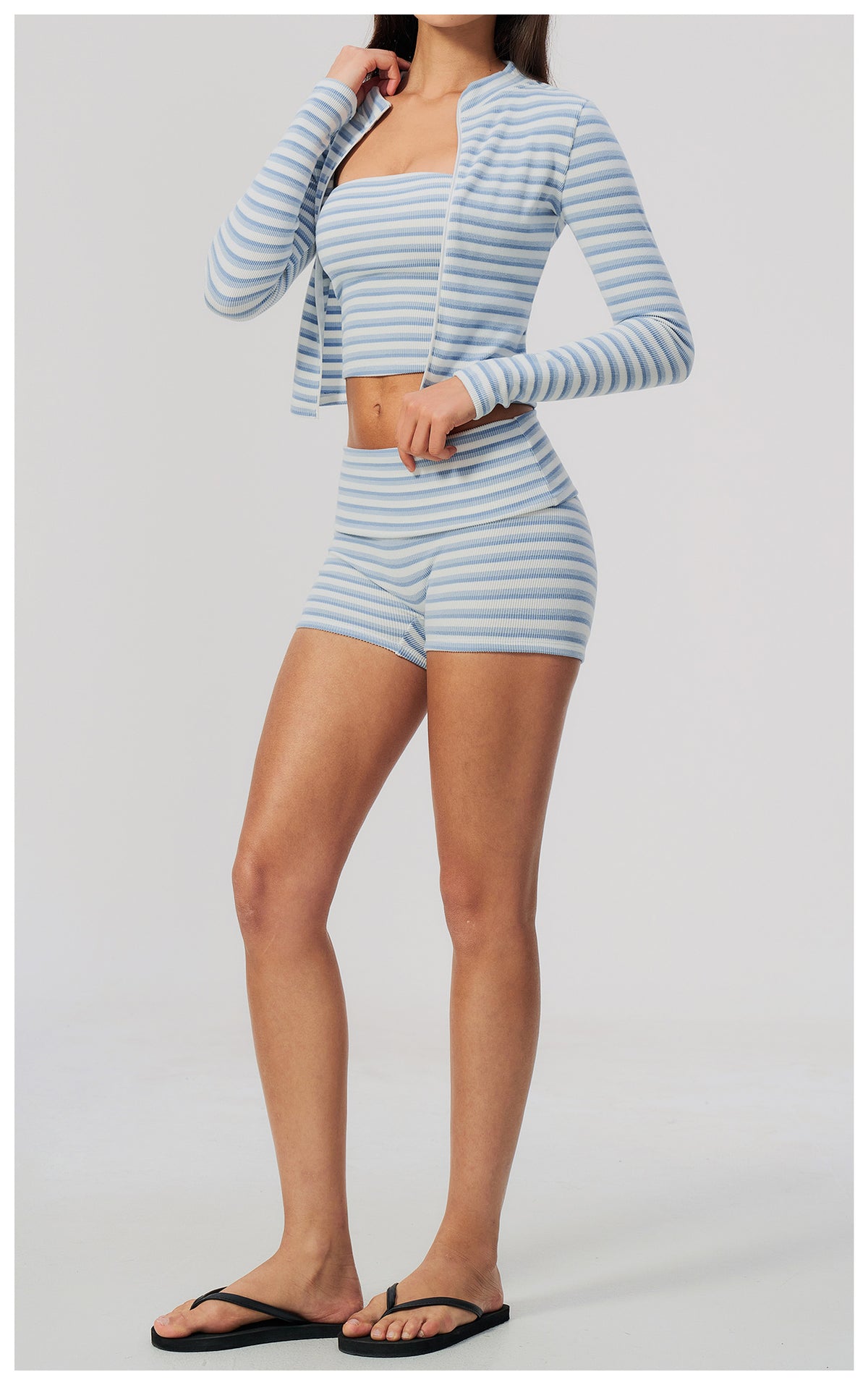 3 Piece Striped Yoga Set Long Sleeve Zip up Jacket Strapless Soft Tube Top Fold Over High Waist Yoga Biker Shorts Workout Outfit Gym Running Sports Activewear Set