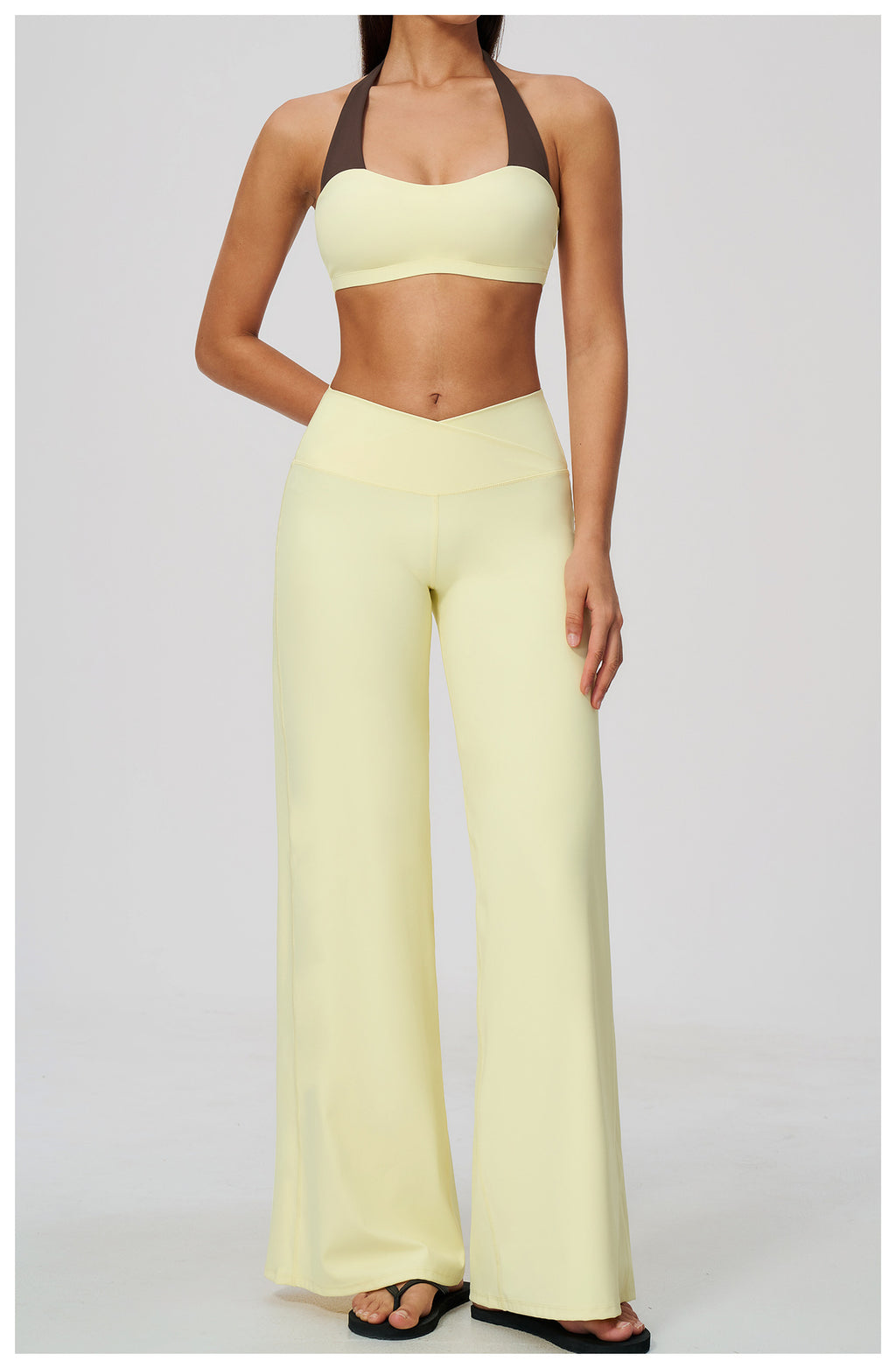 2 Piece Colorblock Halter Sports Bra and Cross Waist Wide Leg Yoga Pants Set