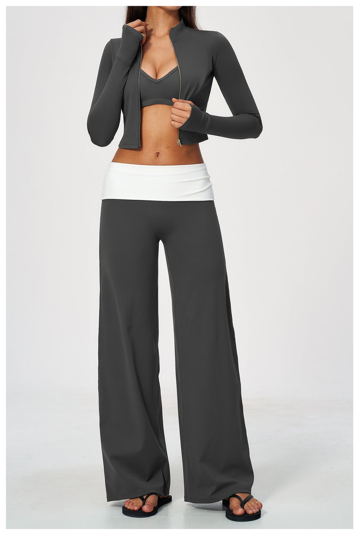 3 Piece Set Deep V-Neck Halter Thin Strap Backless Sports Bra and Stand Collar Full Zip Cropped Running Workout Jacket and High Waisted Wide Leg Yoga Athletic Pants