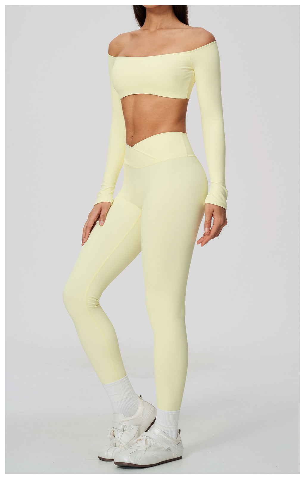 2 Piece Off-The-Shoulder Long Sleeve Crop Top and Cross Waist Yoga Leggings Set