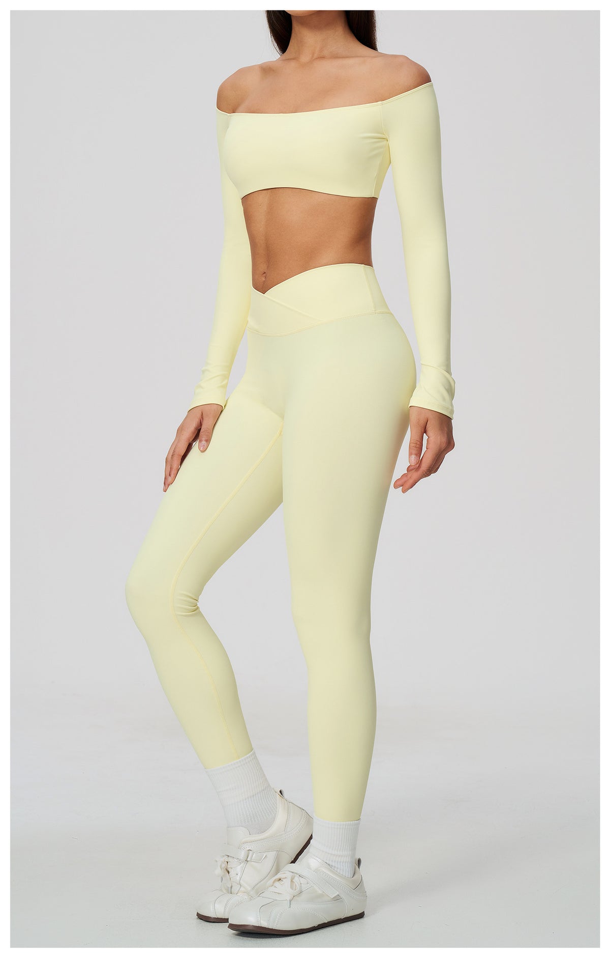2 Piece Off-The-Shoulder Long Sleeve Crop Top and Cross Waist Yoga Leggings Set