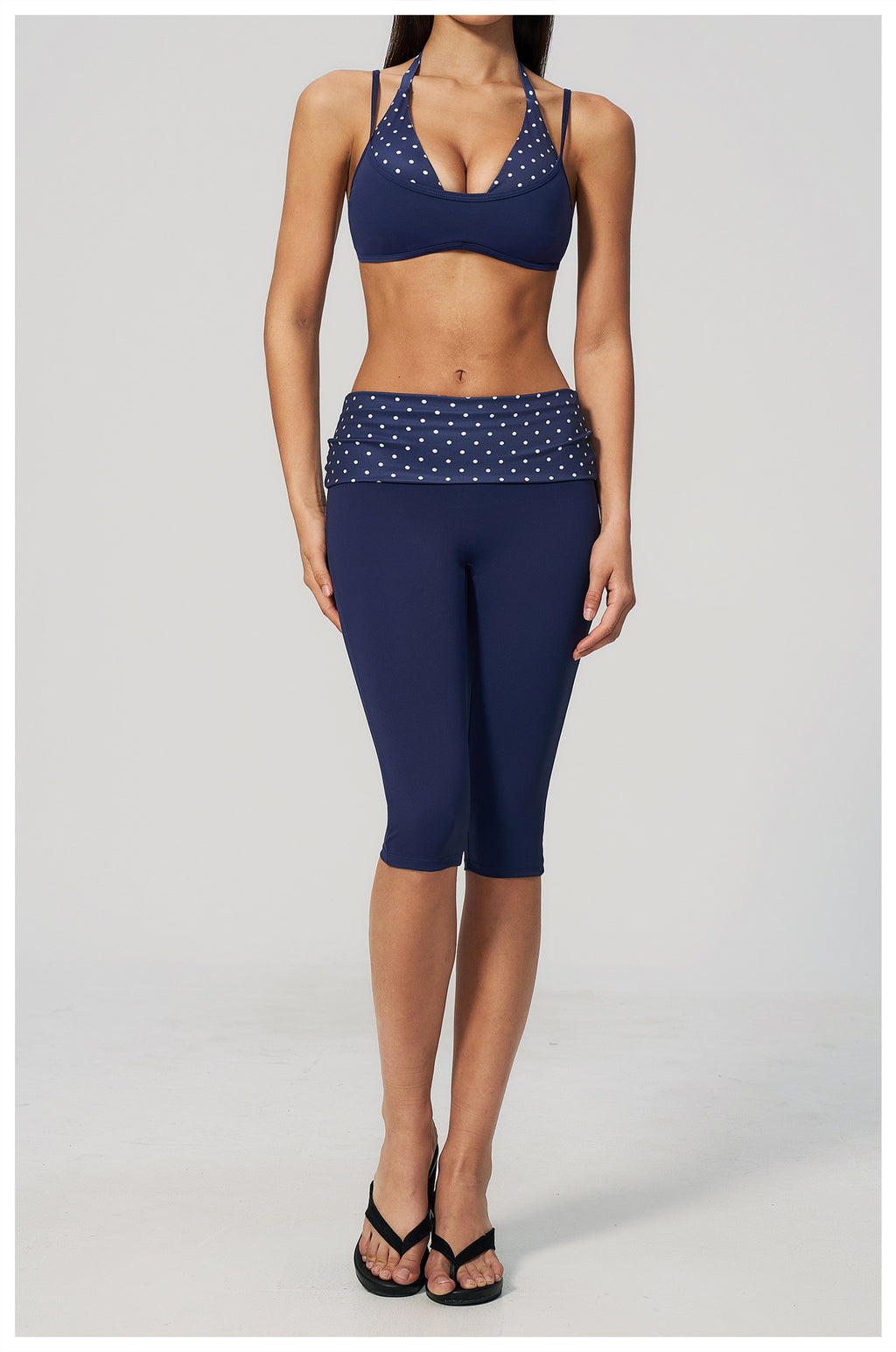 Women 2 Piece Yoga Set Halter Fake Two Piece Sports Bra and Fold Over Striped Waist Capri Yoga Leggings